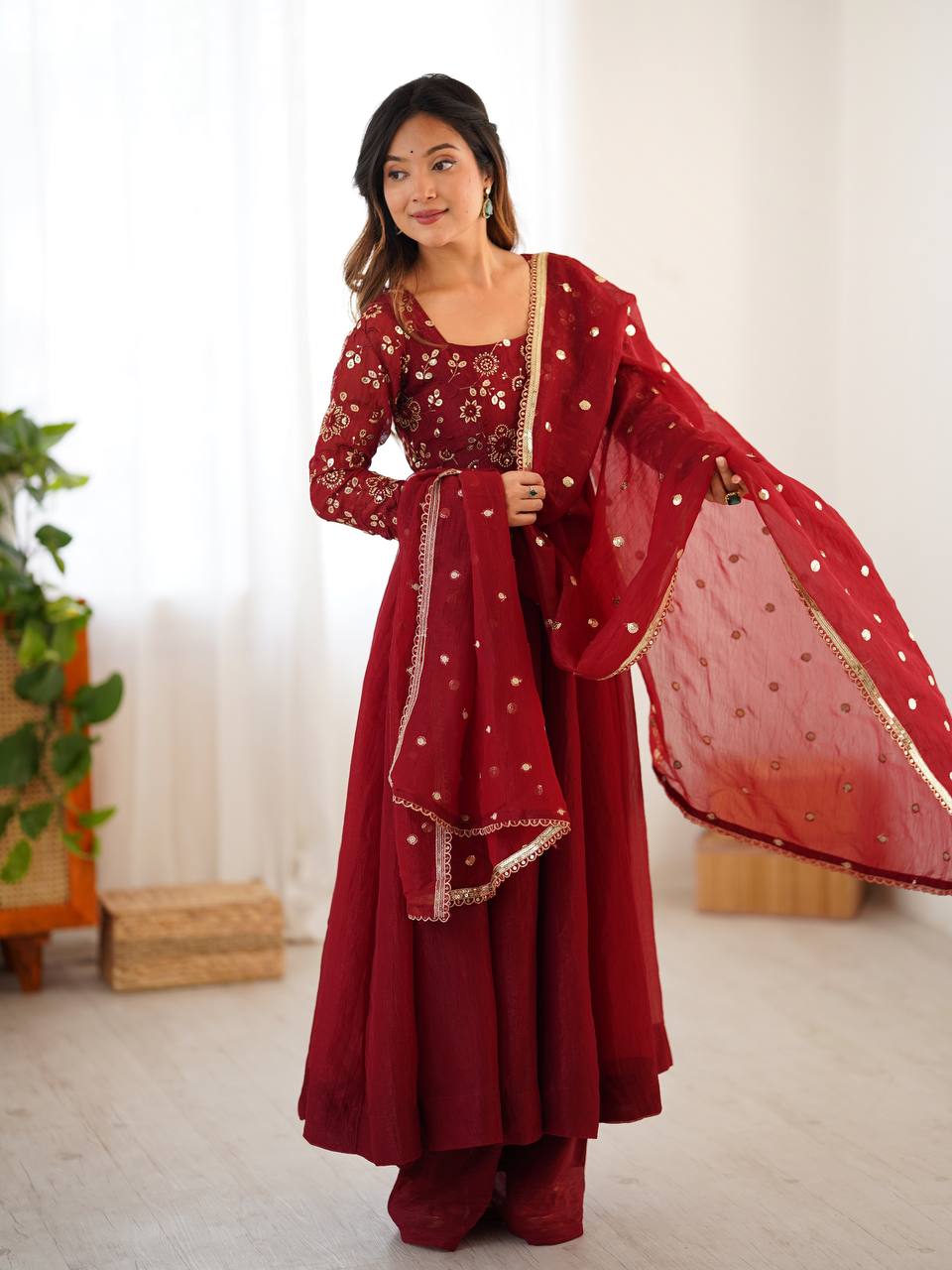 Maroon Premium Crunchy Silk with Lace Border Anarkali Kurta With Plazzo Set