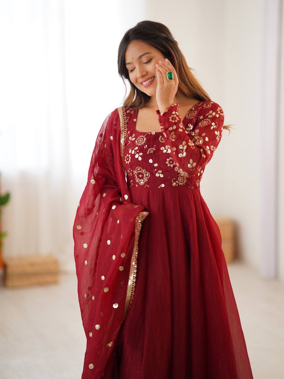 Maroon Premium Crunchy Silk with Lace Border Anarkali Kurta With Plazzo Set