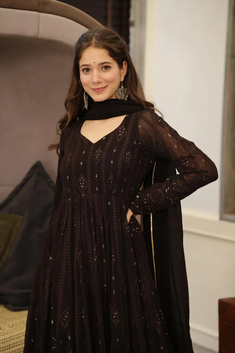 Black Embroidery Georgette Anarkali Suit