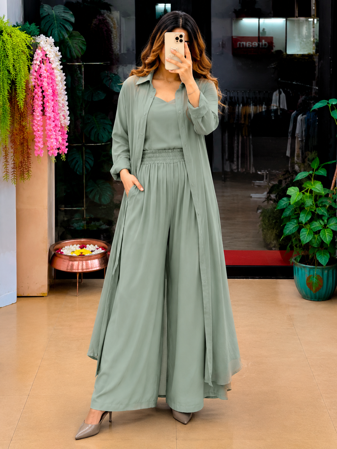Grey Women's 3-Piece Co-Ord Set with Long Shrug