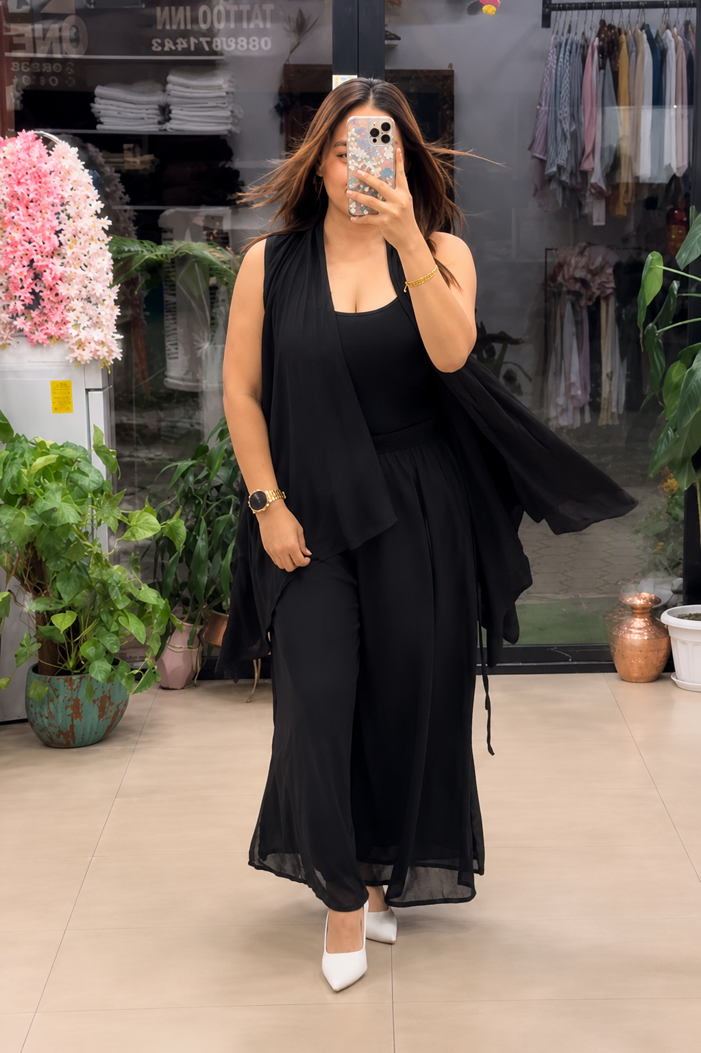 Women's Black 3-Piece Co-Ord Set with Sleeveless Inner, Flowy Shrug & Palazzo