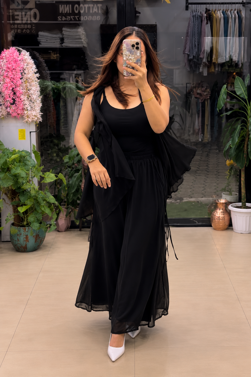Women's Black 3-Piece Co-Ord Set with Sleeveless Inner, Flowy Shrug & Palazzo