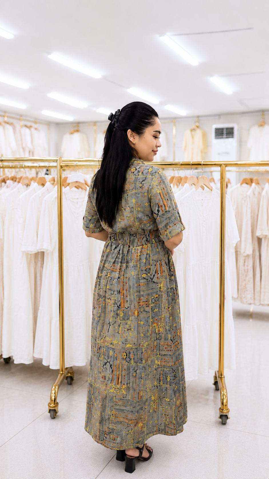 Grey Printed Rayon Maxi Dress