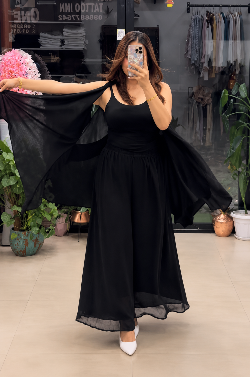 Women's Black 3-Piece Co-Ord Set with Sleeveless Inner, Flowy Shrug & Palazzo