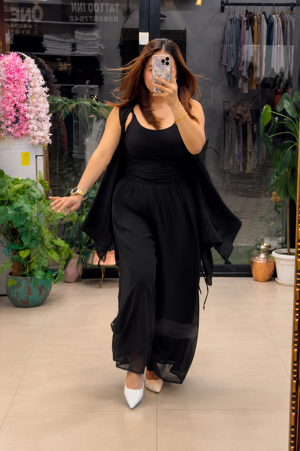 Women's Black 3-Piece Co-Ord Set with Sleeveless Inner, Flowy Shrug & Palazzo