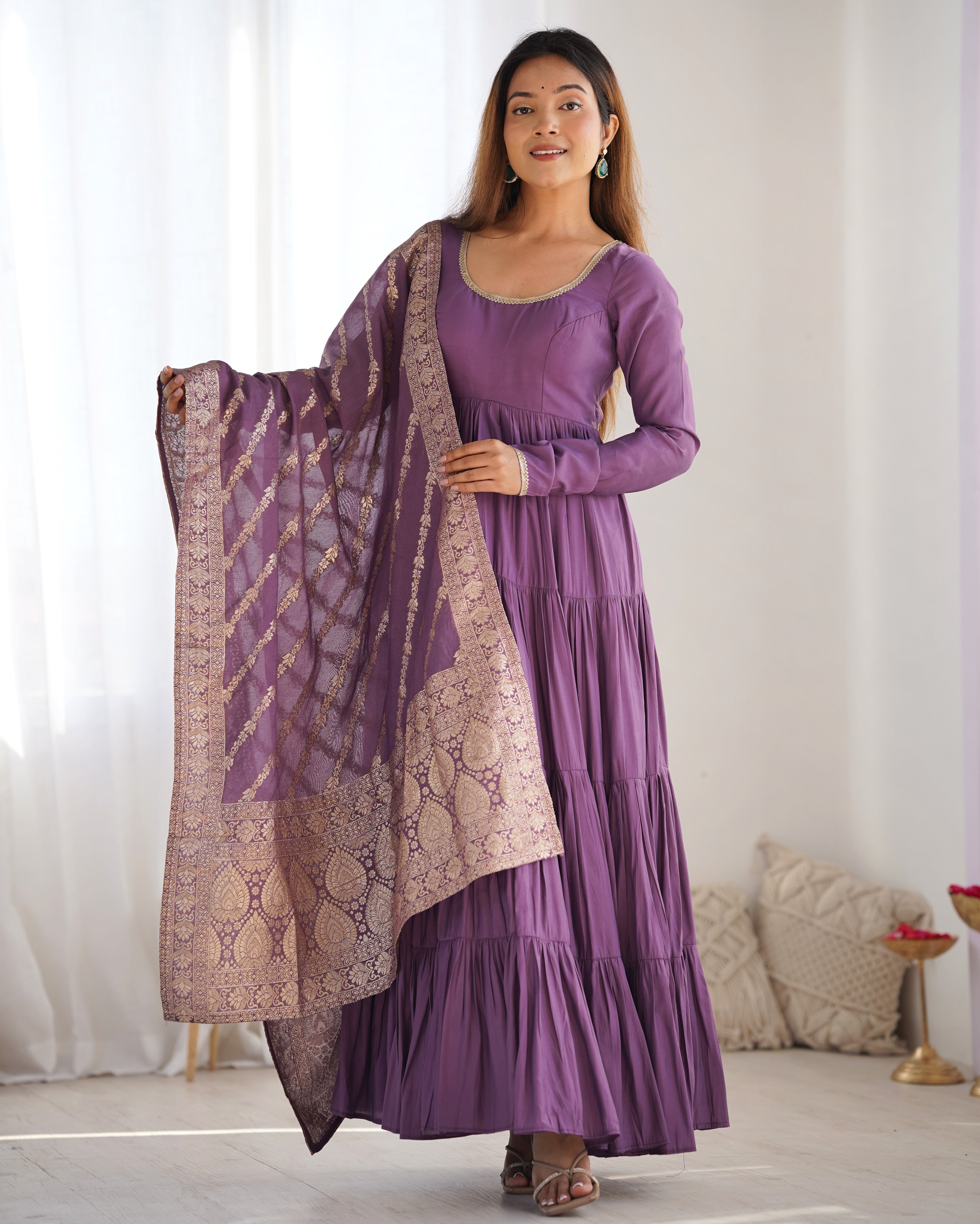 Exquisite Fully Stitched Roman Silk Chanderi Anarkali Set with Dupatta and Pant – Perfect for Festivities and Weddings