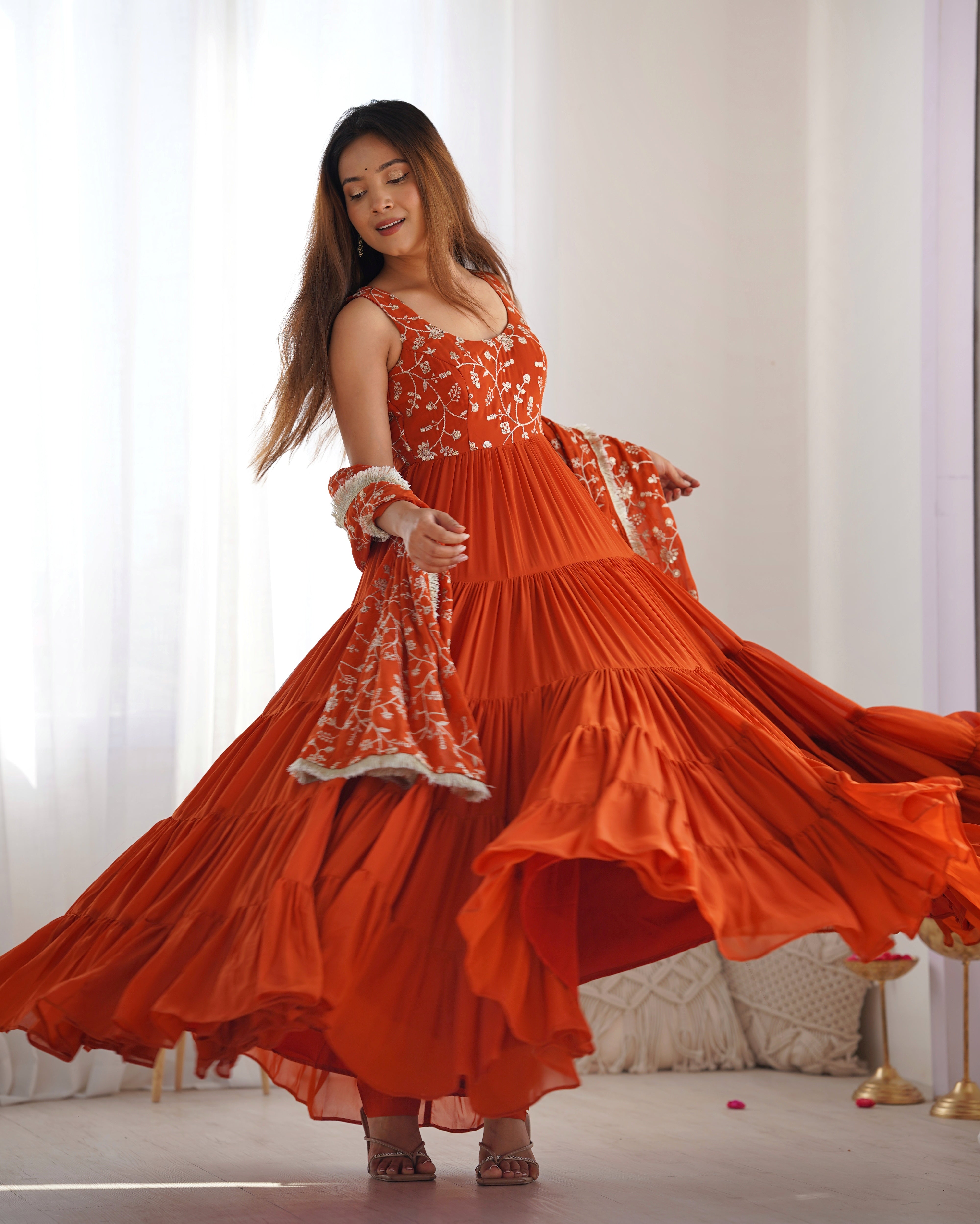 Premium Orange 5 Layer Anarkali Set