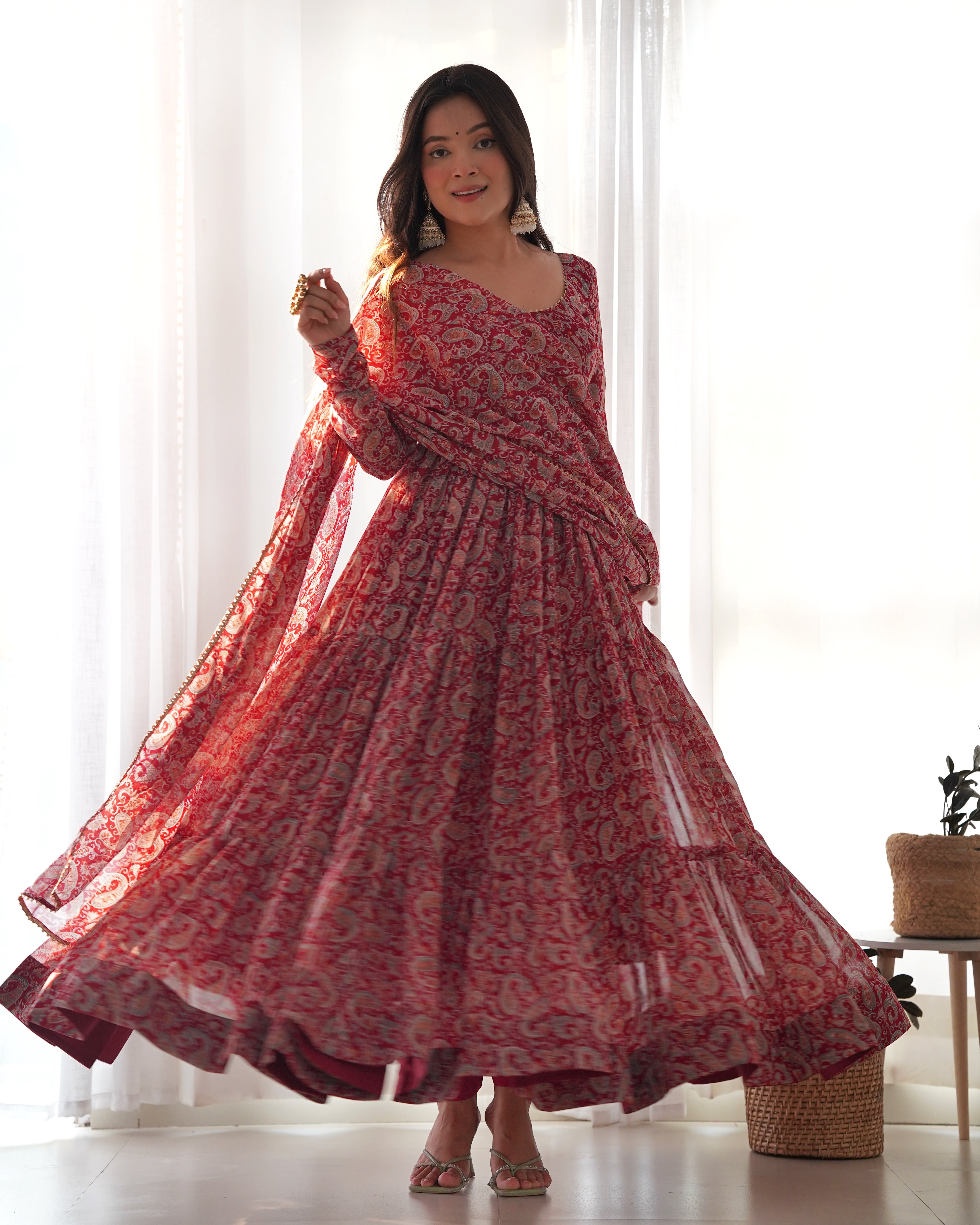 Maroon Radiate Elegance with Our Designer Floral Print Anarkali Set