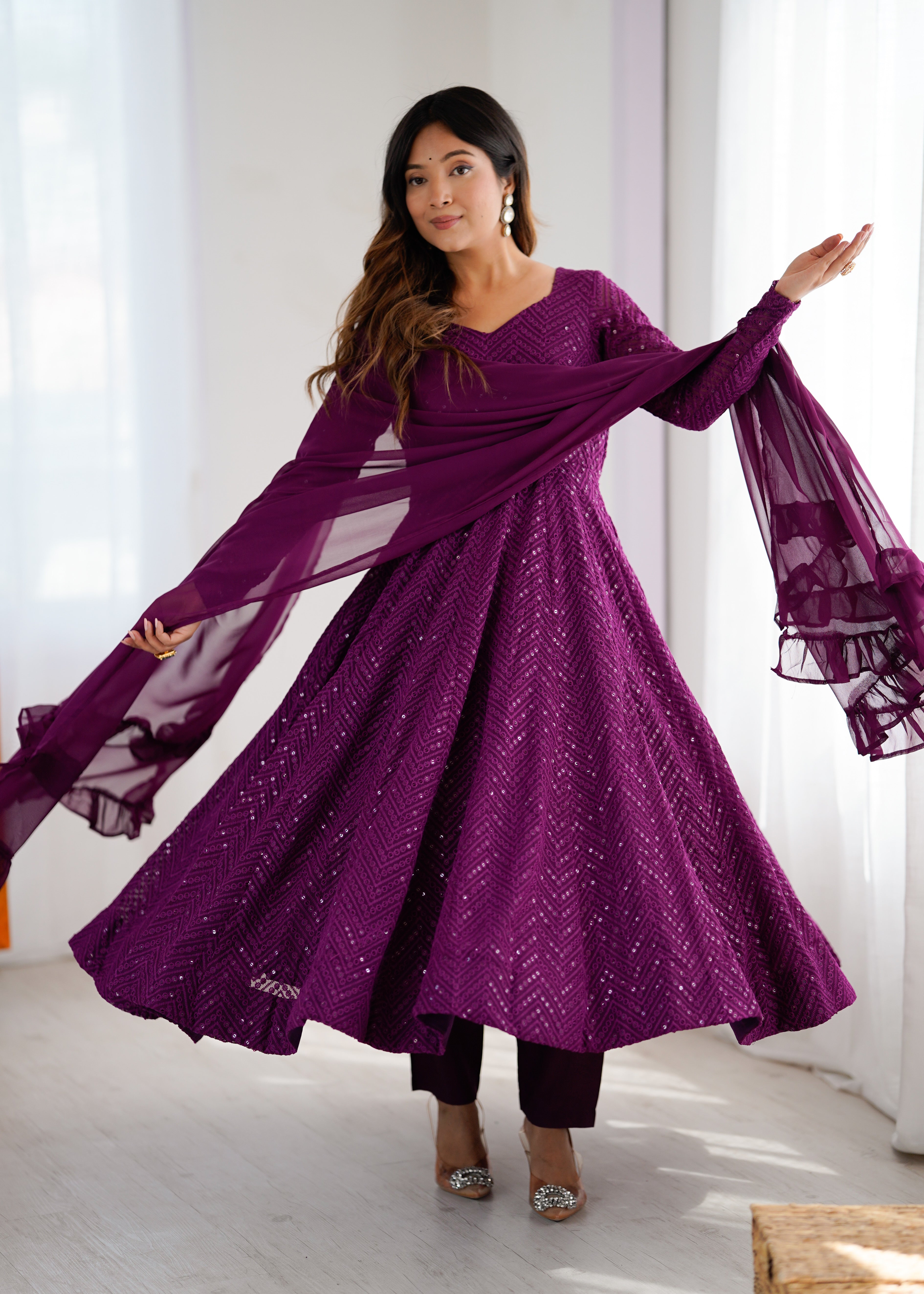 New Arrival Designer Georgette Lucknowi Sequence Work Anarkali Set