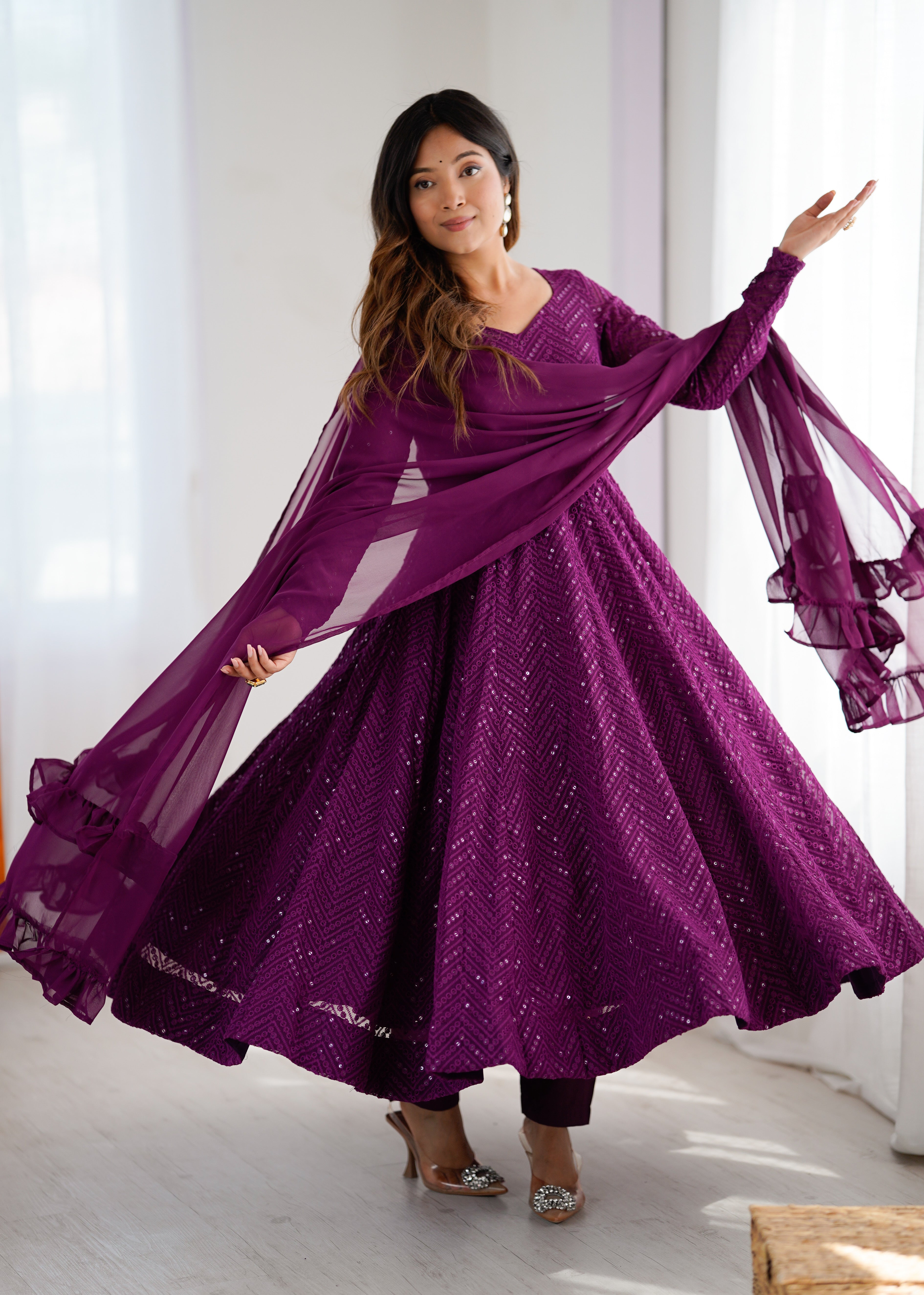 New Arrival Designer Georgette Lucknowi Sequence Work Anarkali Set