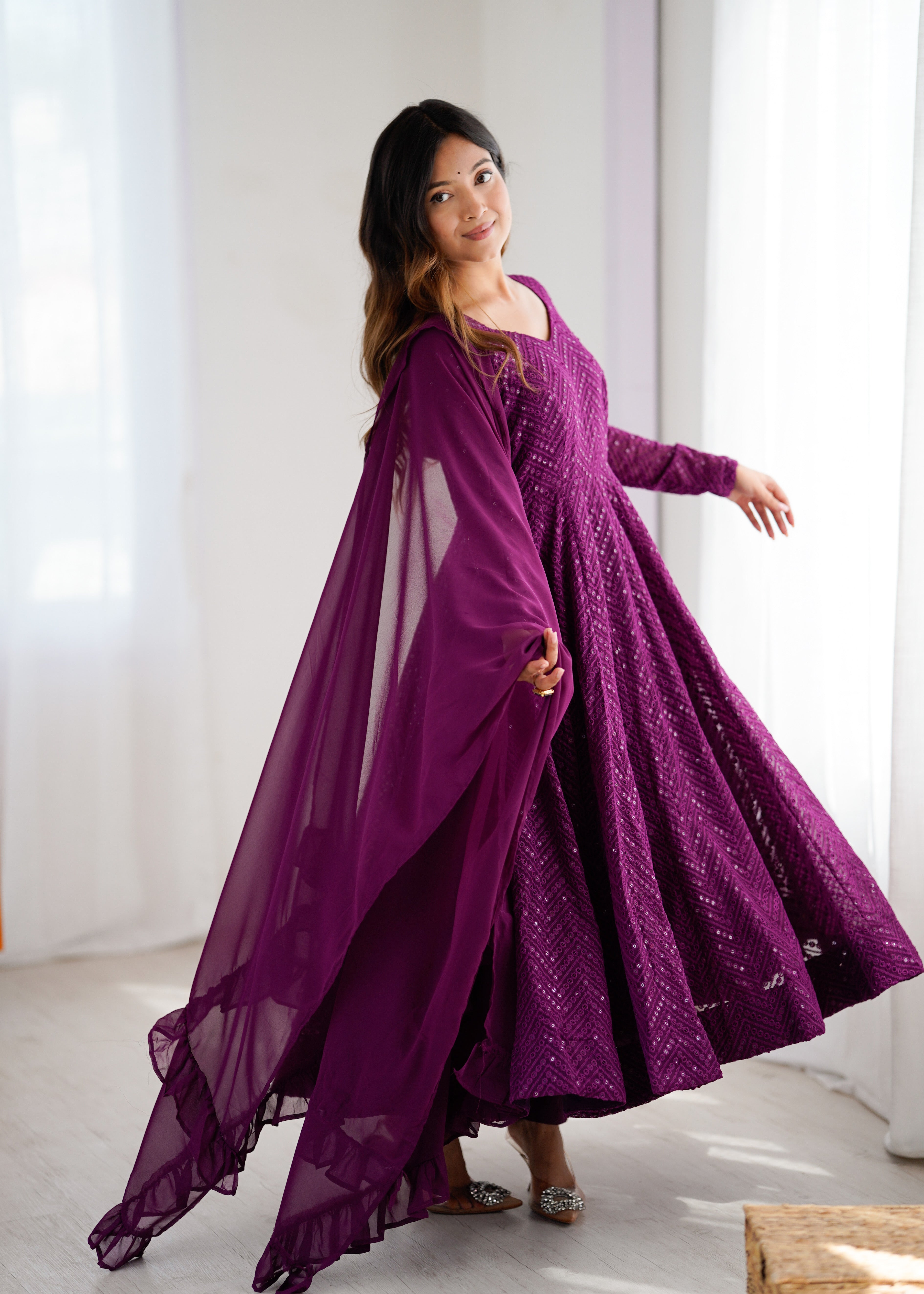 New Arrival Designer Georgette Lucknowi Sequence Work Anarkali Set