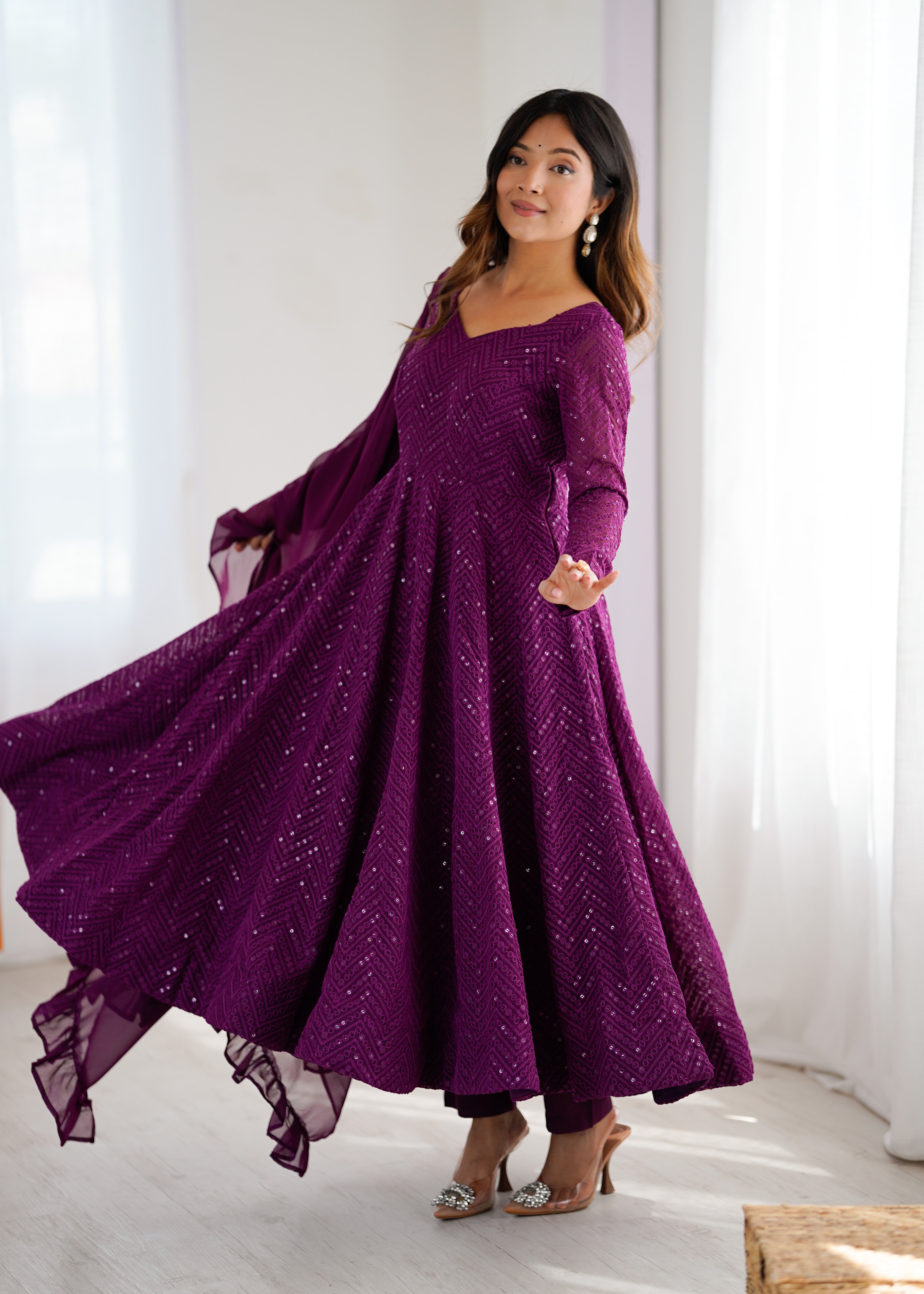 New Arrival Designer Georgette Lucknowi Sequence Work Anarkali Set