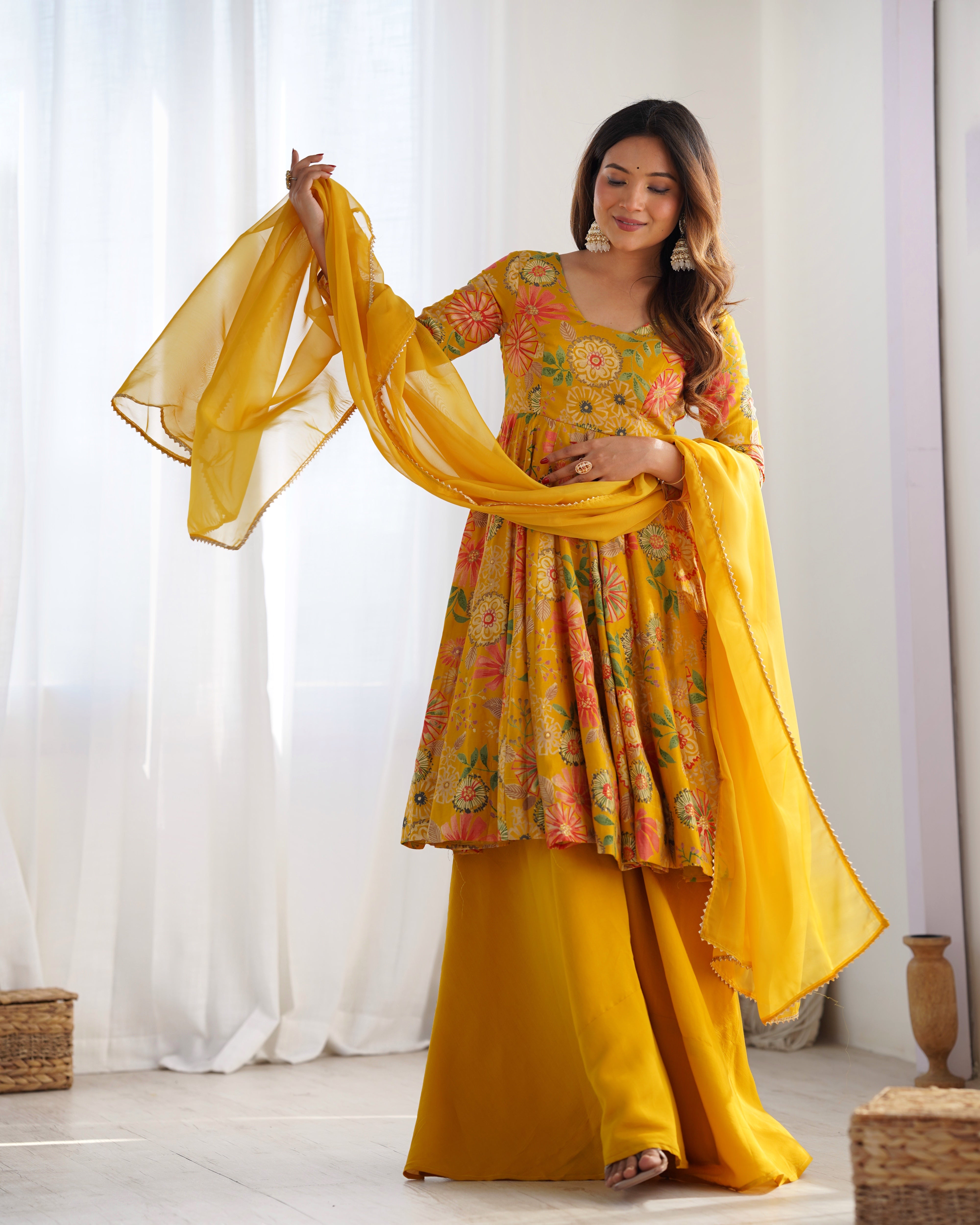 New Partywear Designer Roman Silk Printed Kurta With Full Flair Palazzo Set