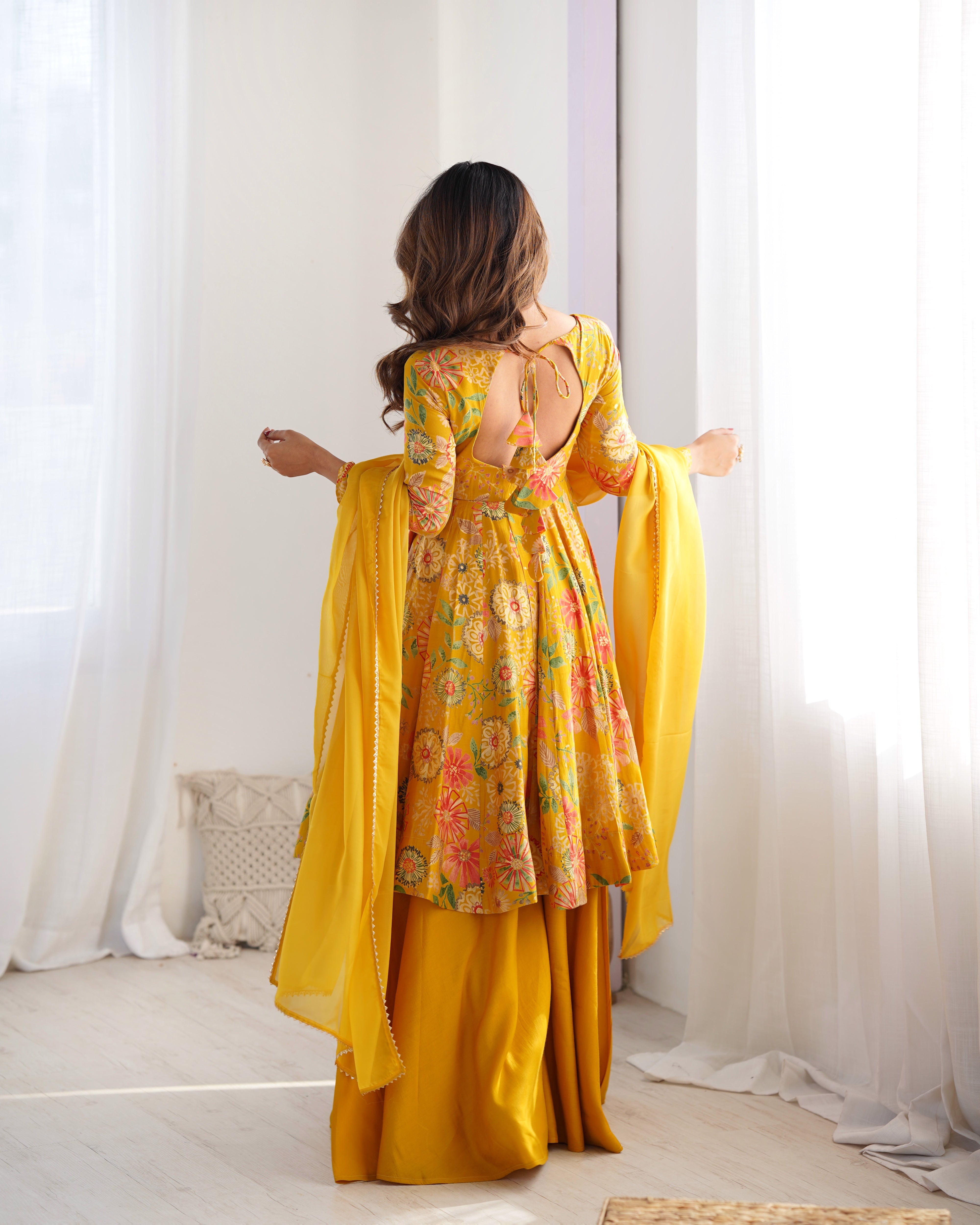 Yellow Color Heavy Pure Roman Silk Kediya Kurta Set with Plazzo And Dupatta Set