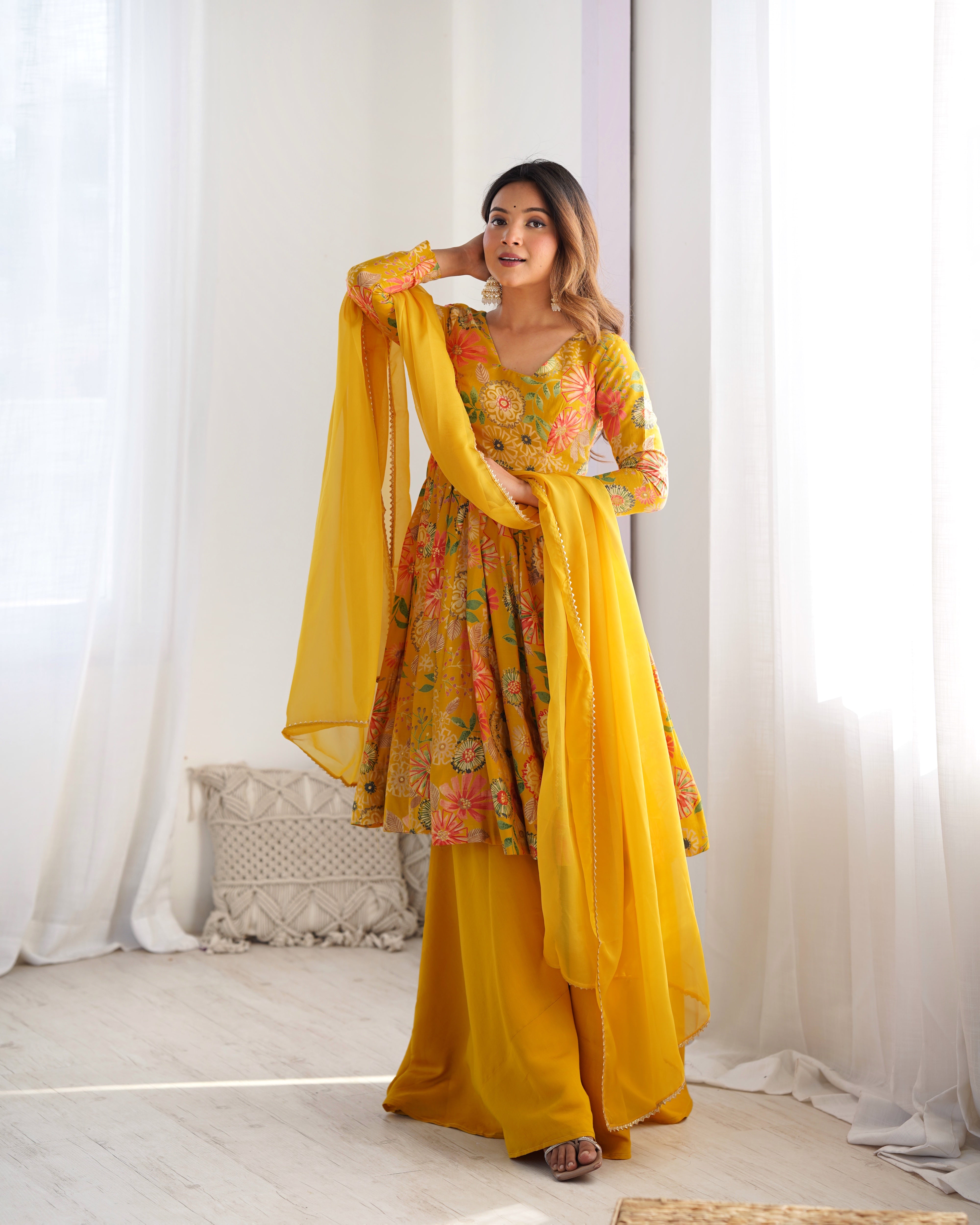Yellow Color Heavy Pure Roman Silk Kediya Kurta Set with Plazzo And Dupatta Set