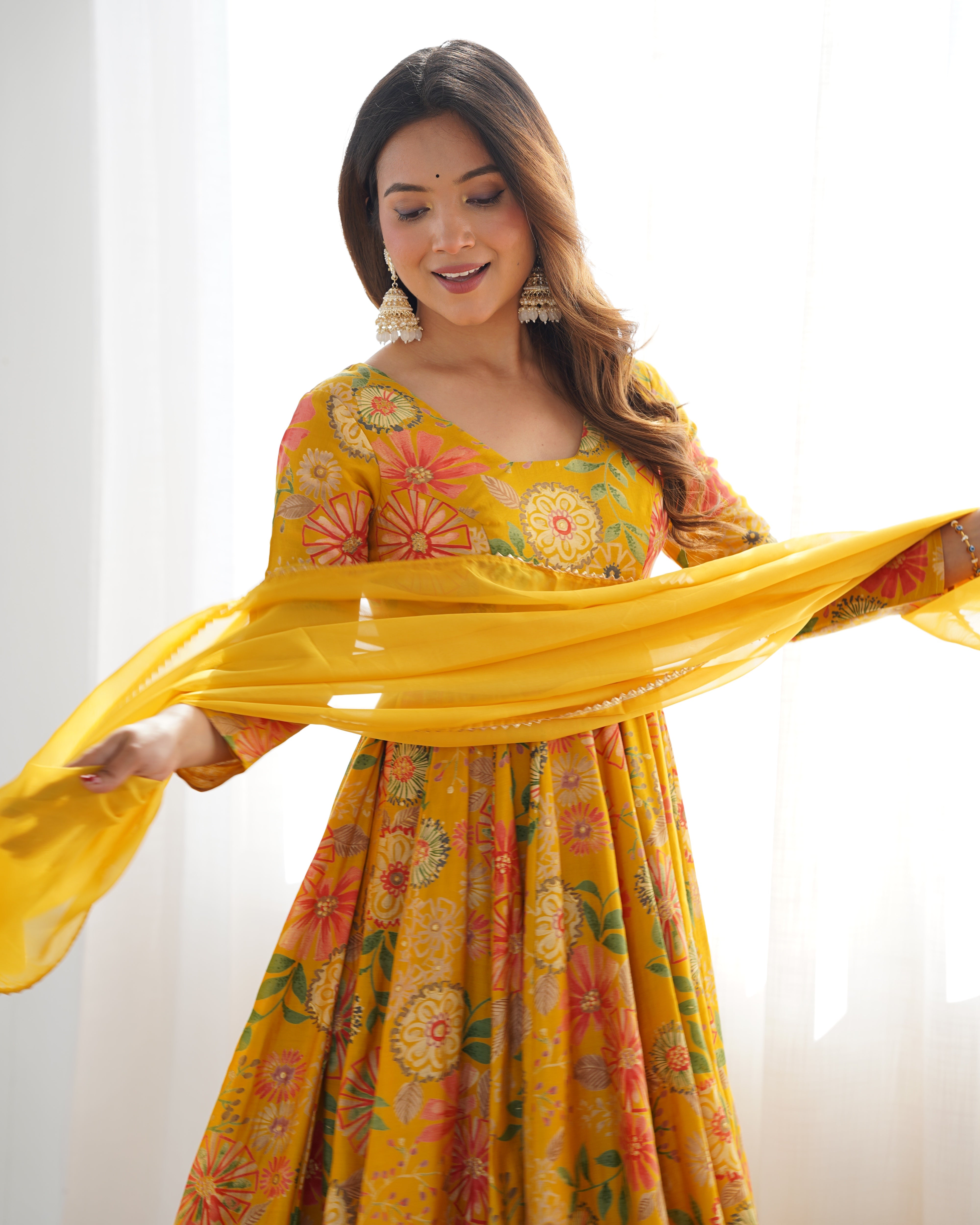 Yellow Color Heavy Pure Roman Silk Kediya Kurta Set with Plazzo And Dupatta Set