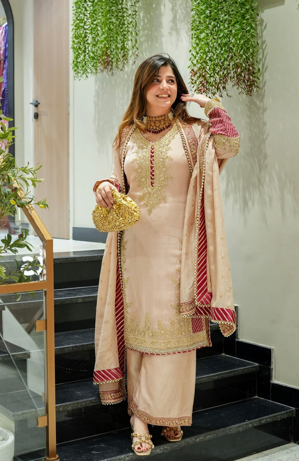 Premium Chinon Silk Embroidered Suit Set