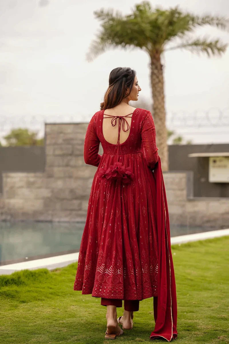 Maroon Embroidered Georgette Suit Set – Festive & Wedding Wear