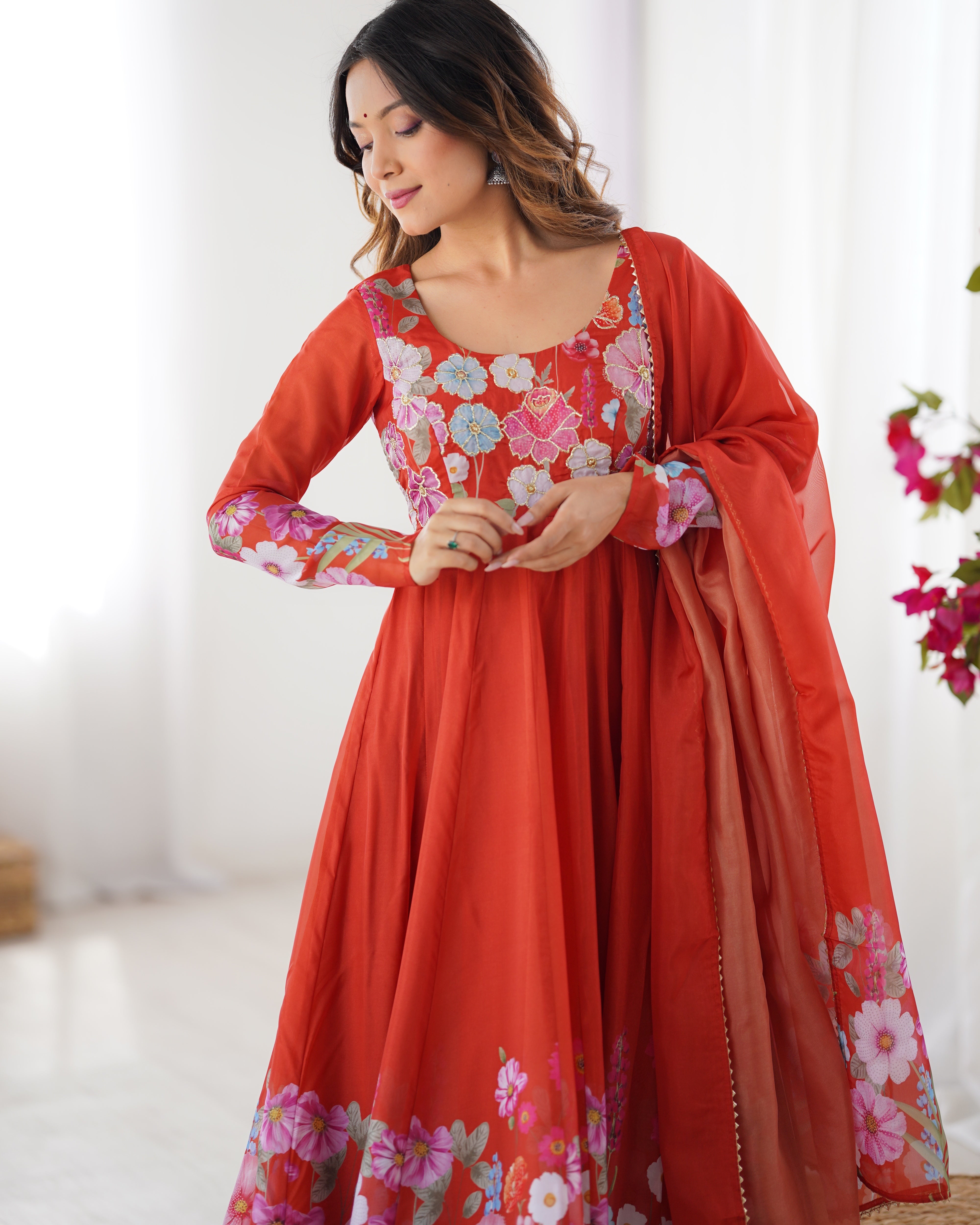 Orange Color Organza Silk Kurta  with Handwork Anarkali Suit