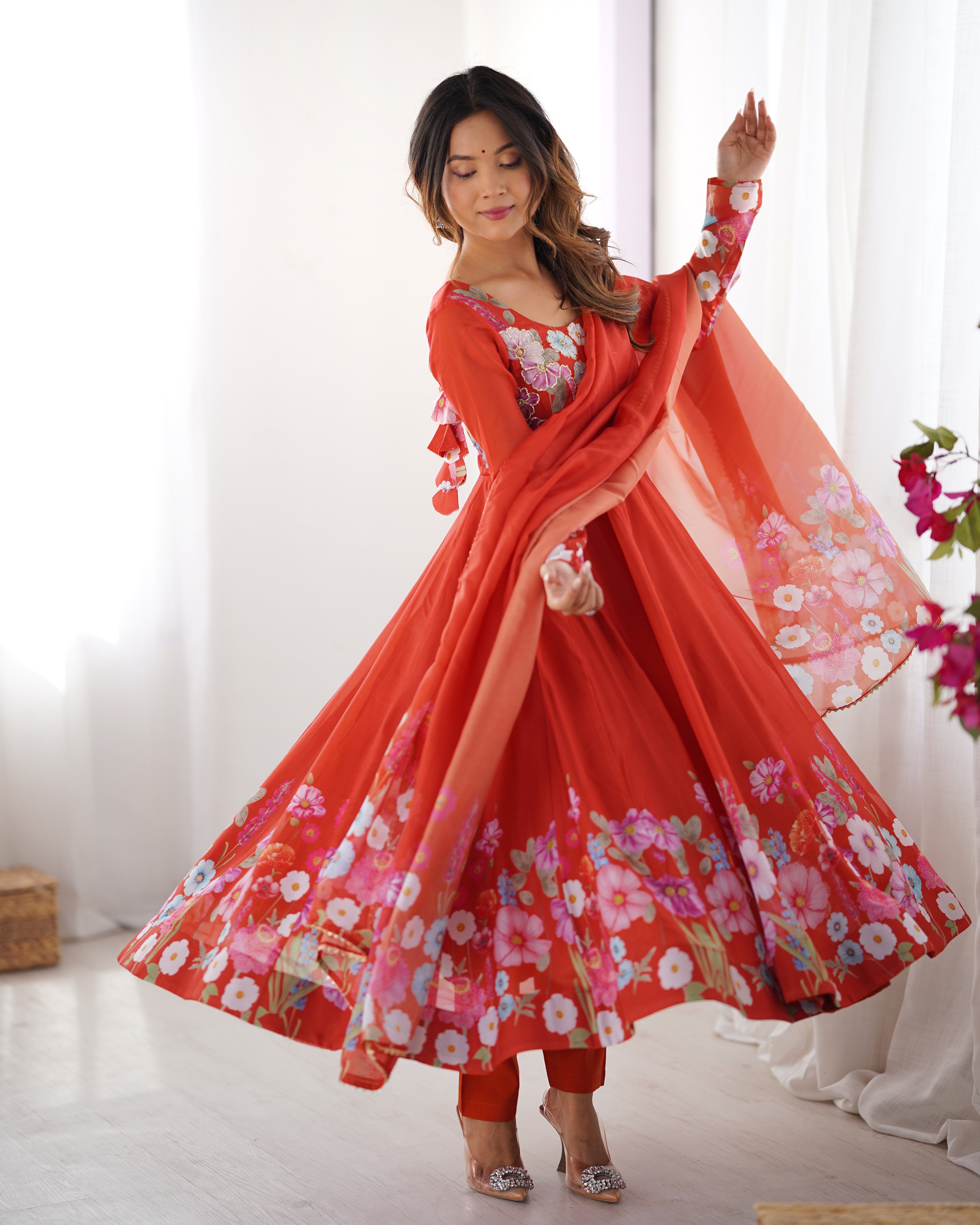 Orange Color Organza Silk Kurta  with Handwork Anarkali Suit
