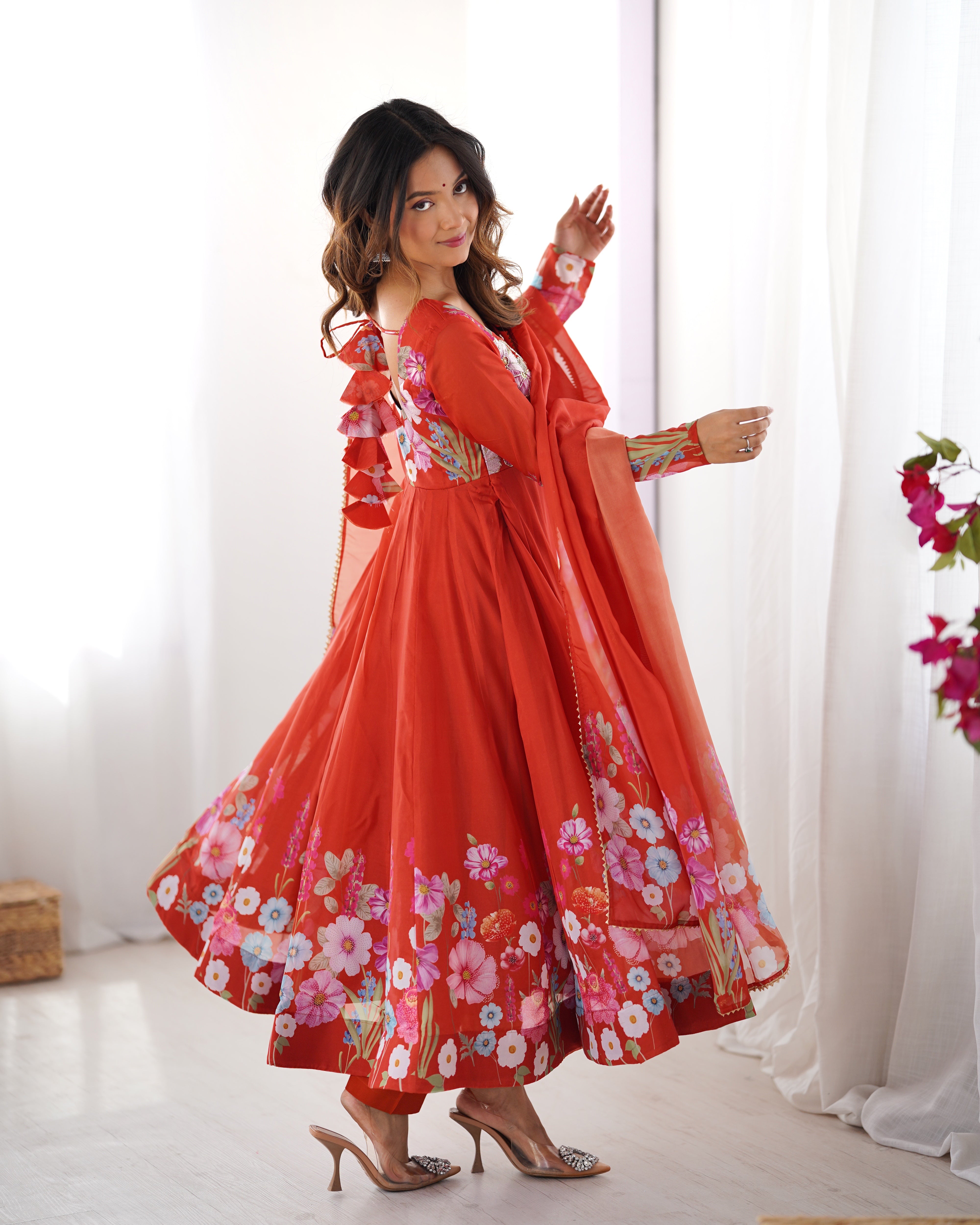Orange Color Organza Silk Kurta  with Handwork Anarkali Suit