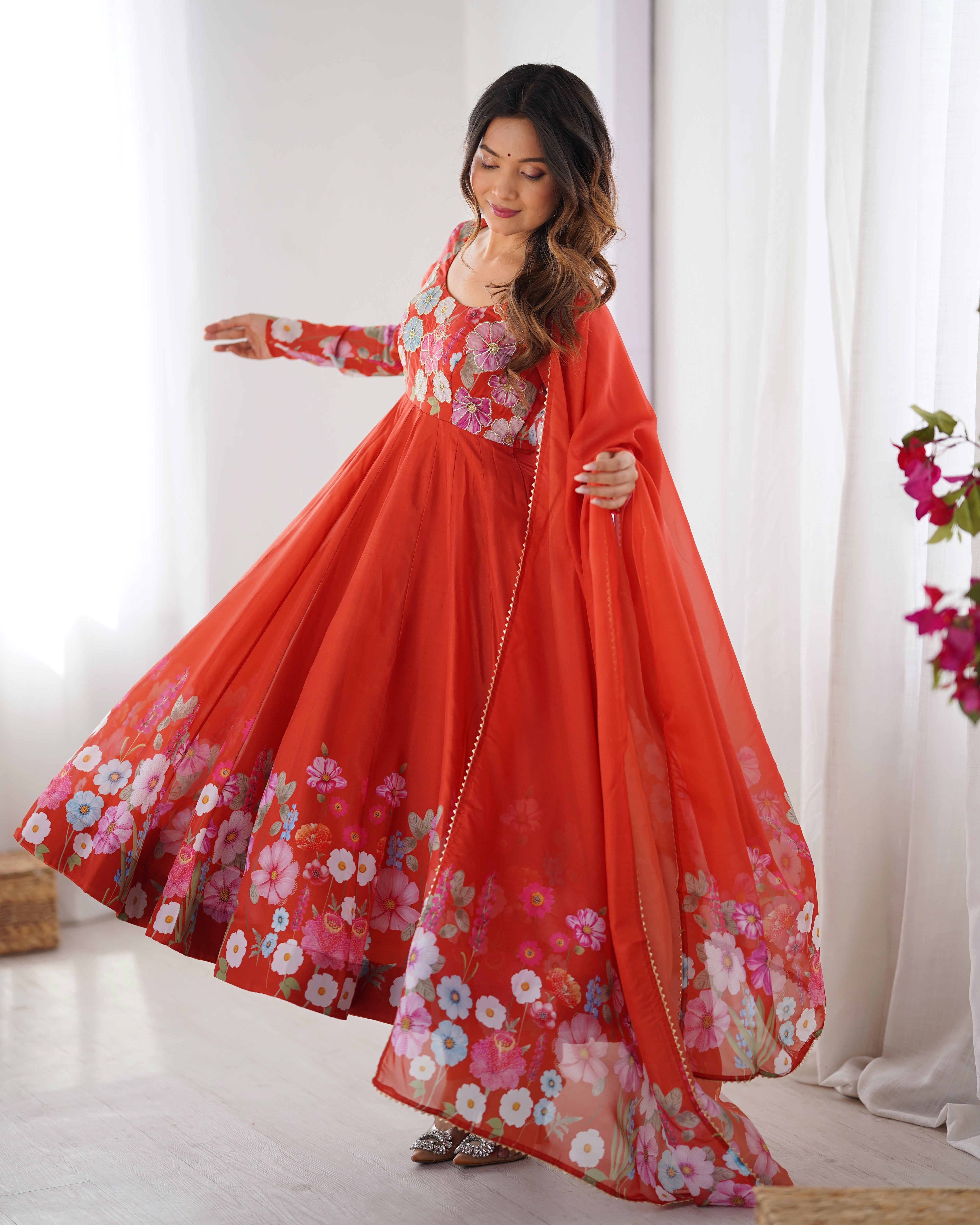 Orange Color Organza Silk Kurta  with Handwork Anarkali Suit