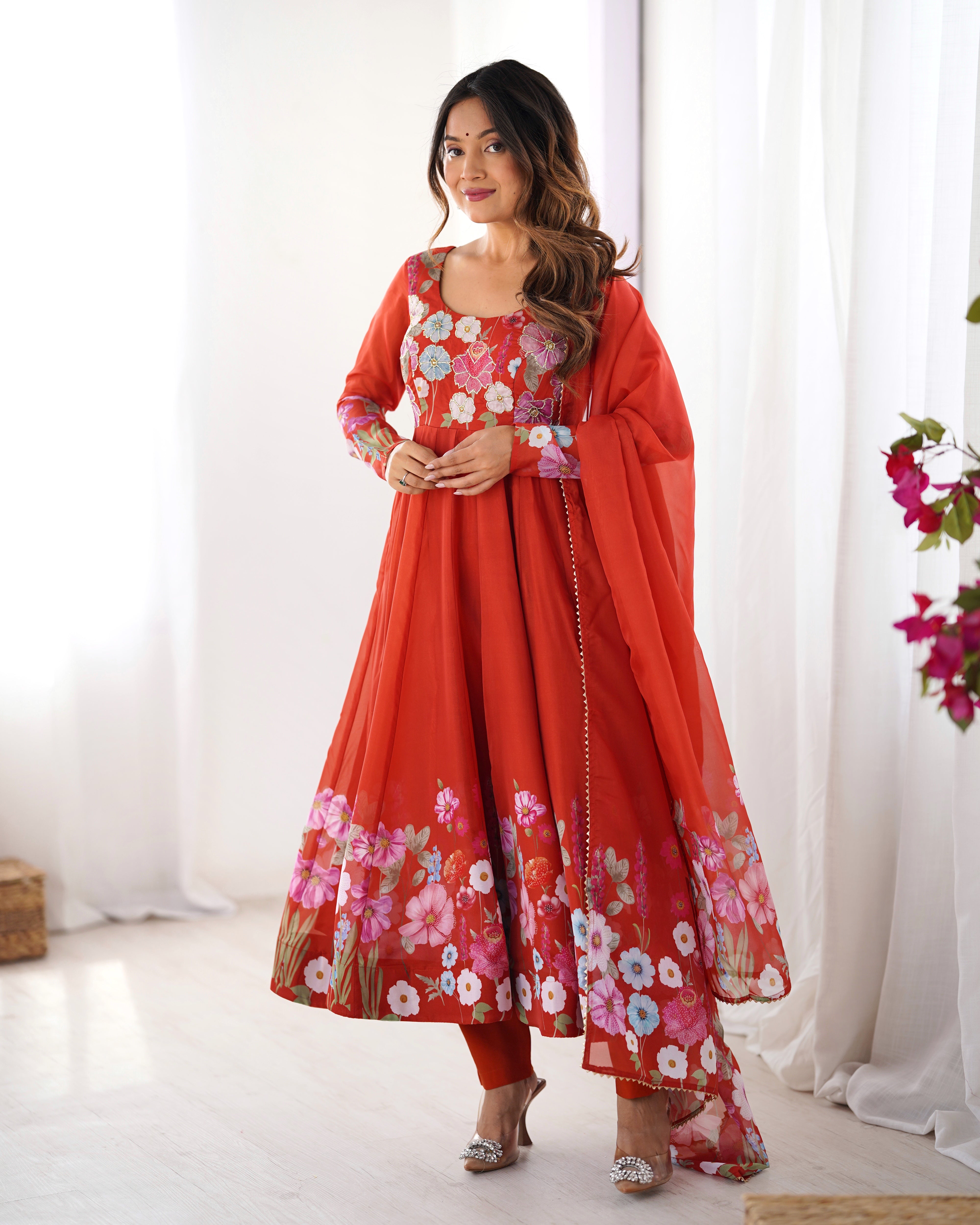 Orange Color Organza Silk Kurta  with Handwork Anarkali Suit