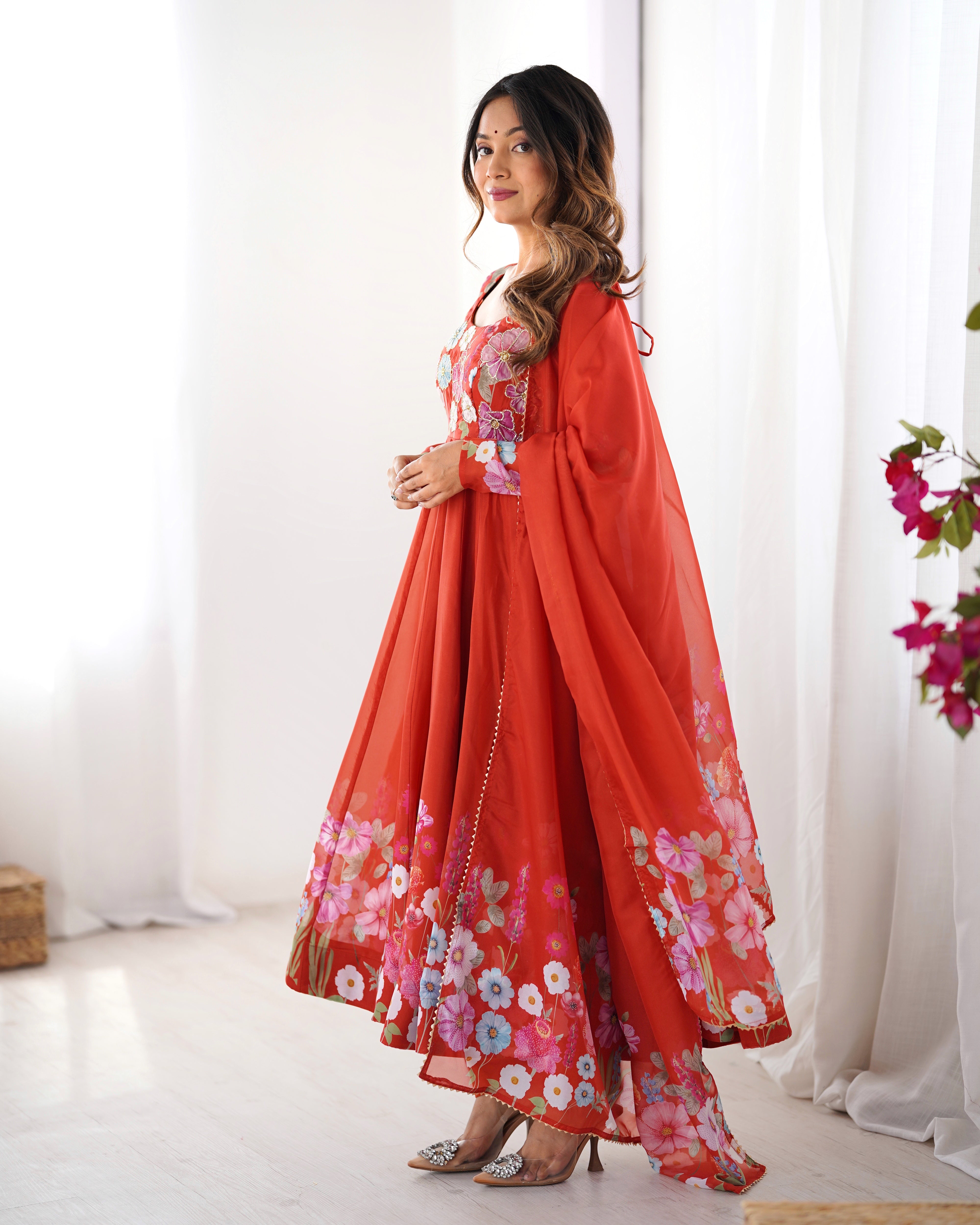 Orange Color Organza Silk Kurta  with Handwork Anarkali Suit