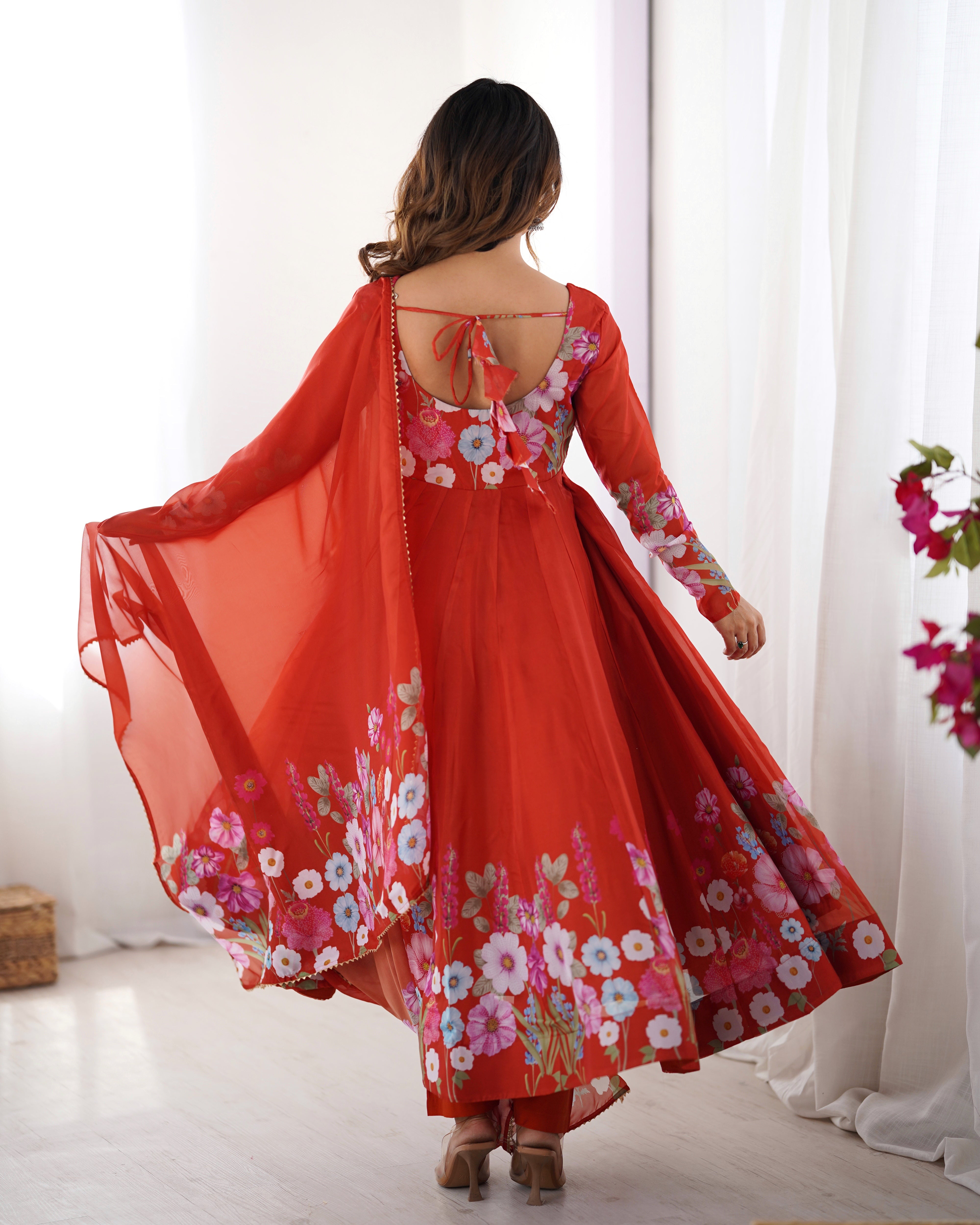 Orange Color Organza Silk Kurta  with Handwork Anarkali Suit