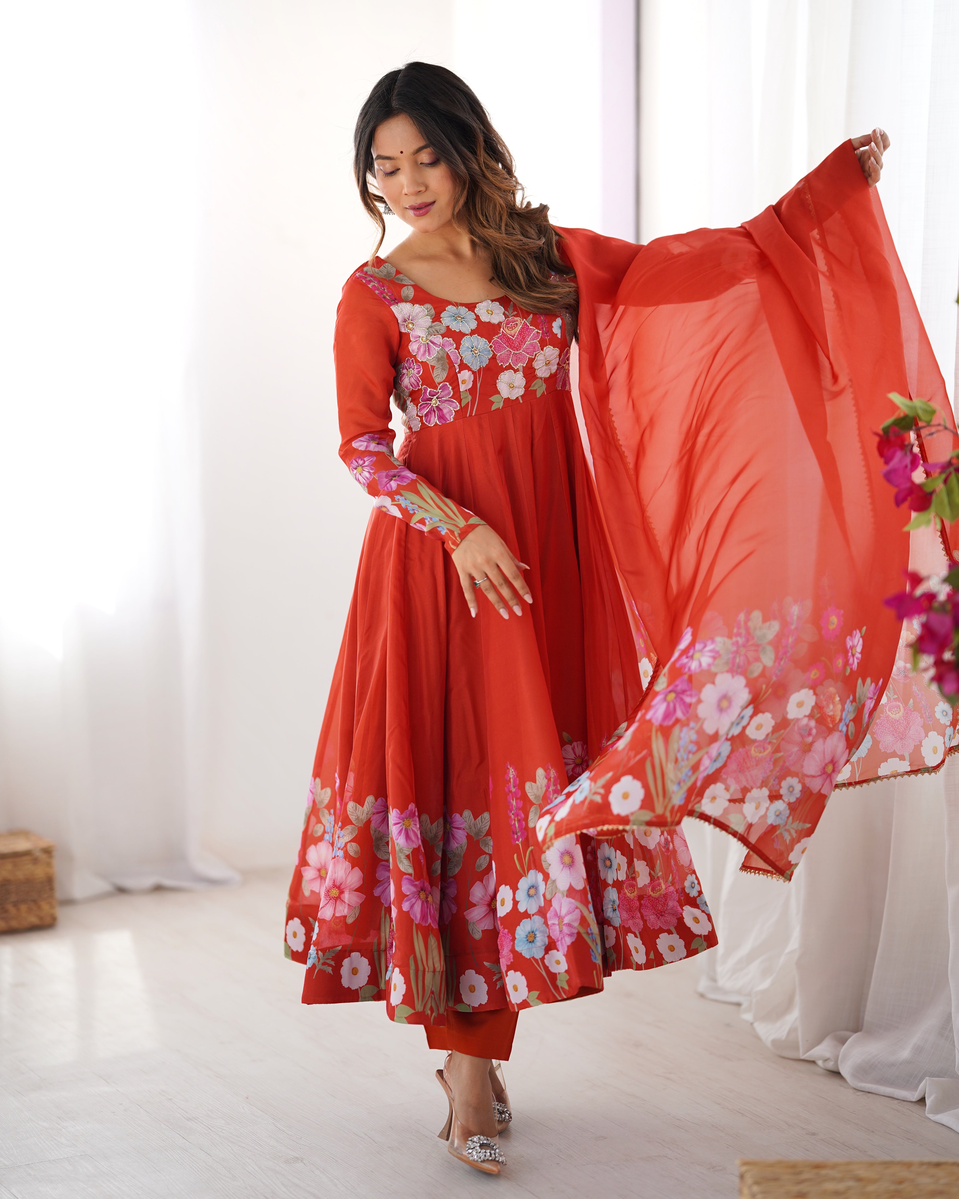 Orange Color Organza Silk Kurta  with Handwork Anarkali Suit
