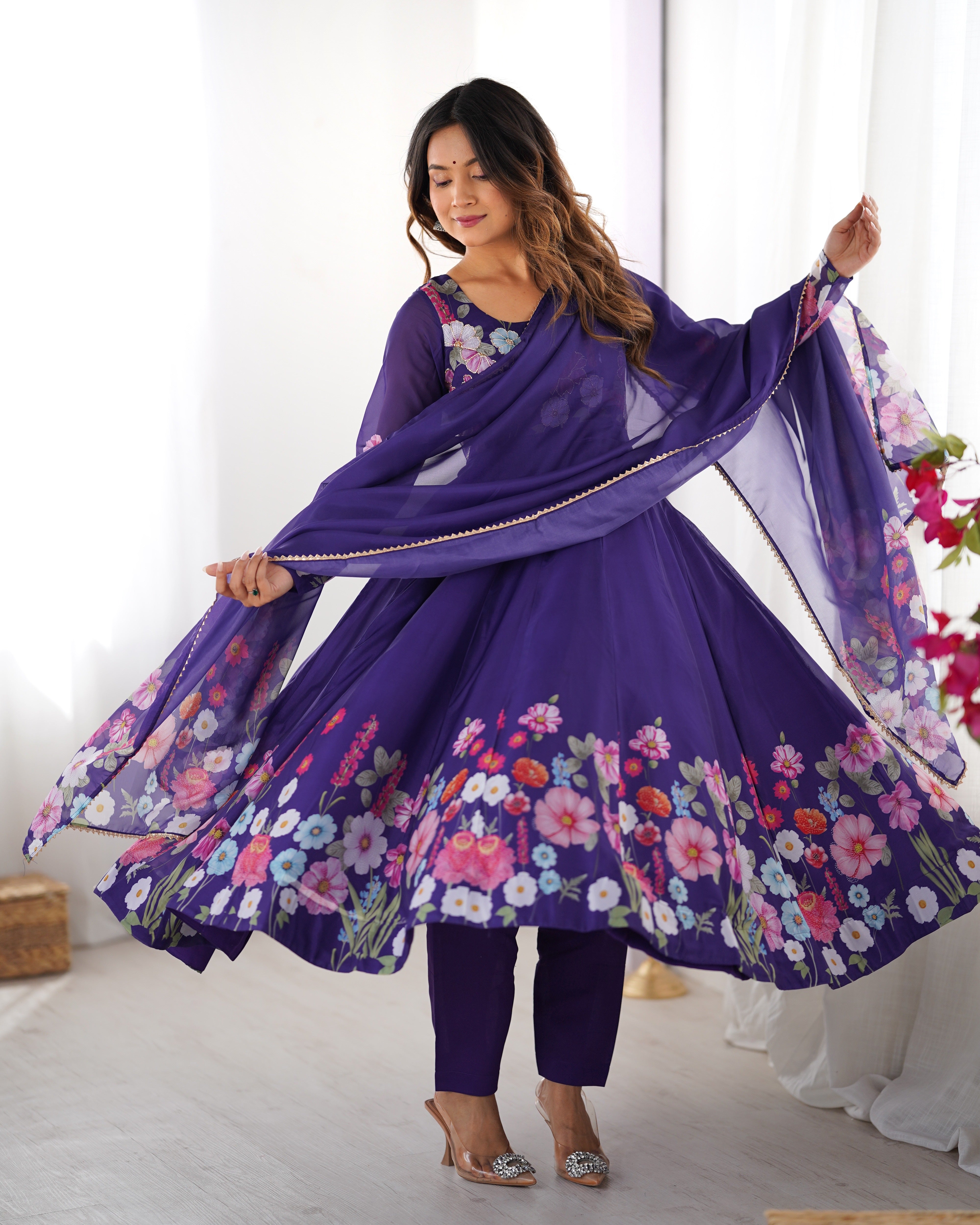 Blue Color Organza Silk Kurta  with Handwork Anarkali Suit