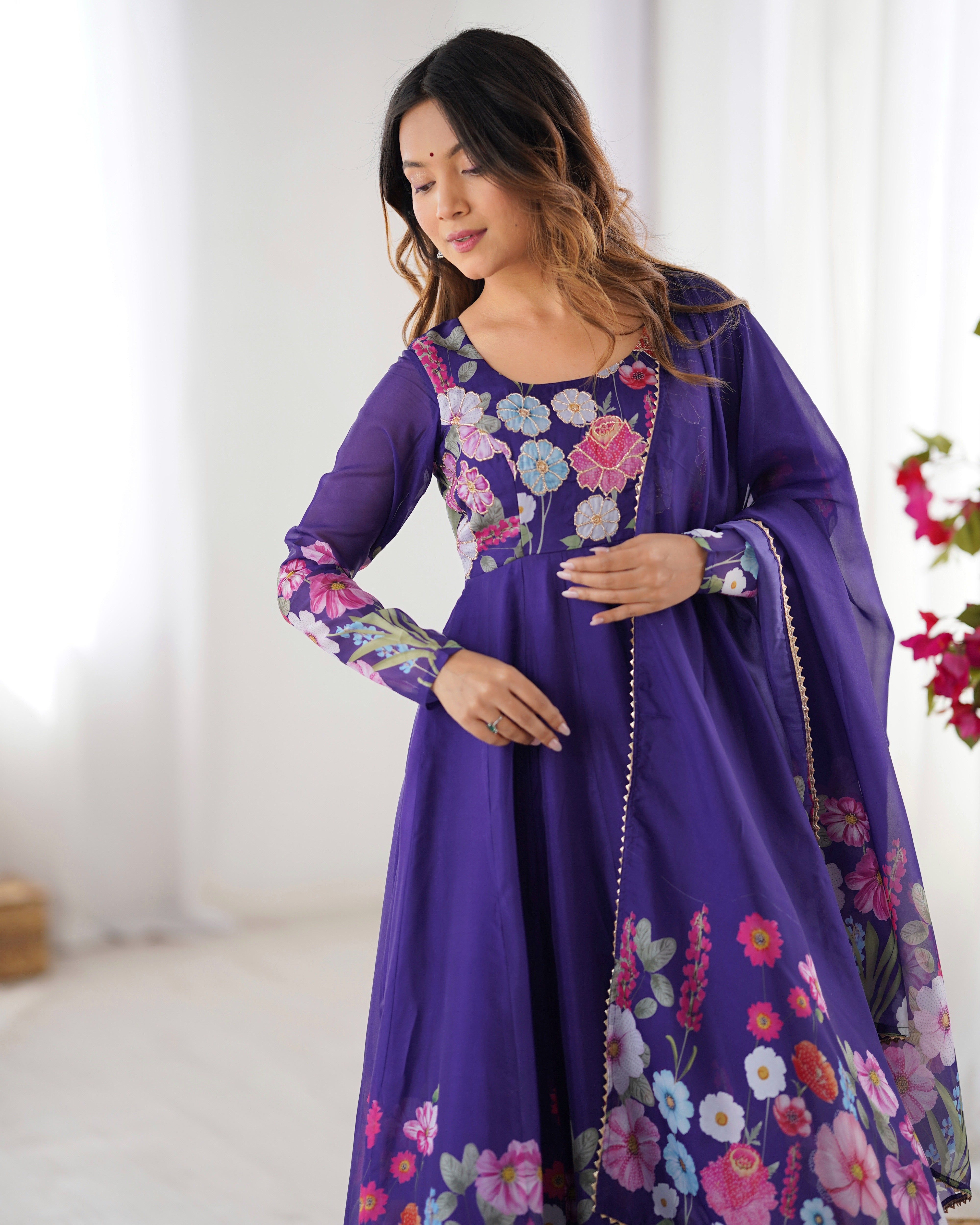 Blue Color Organza Silk Kurta  with Handwork Anarkali Suit