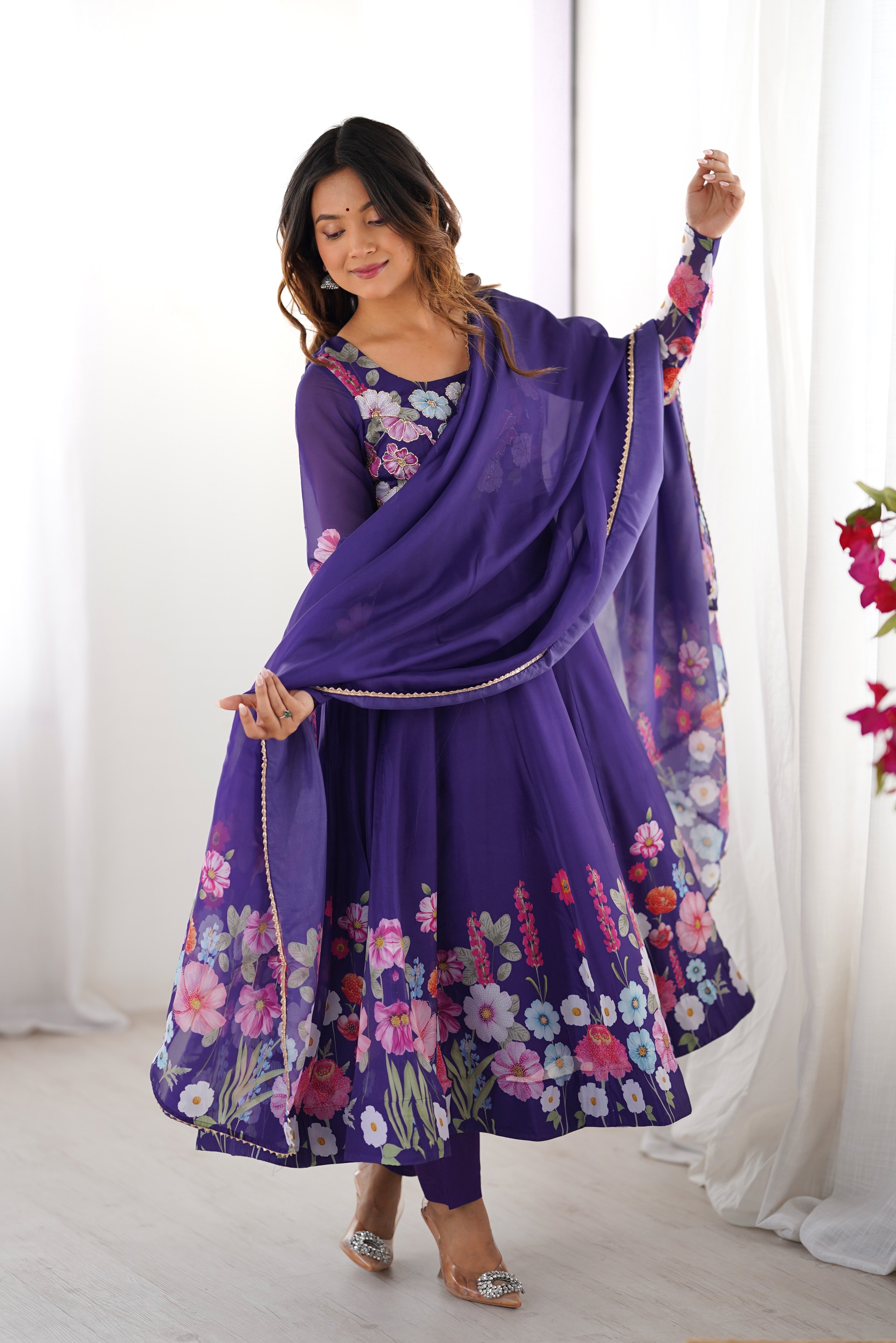 Blue Color Organza Silk Kurta  with Handwork Anarkali Suit