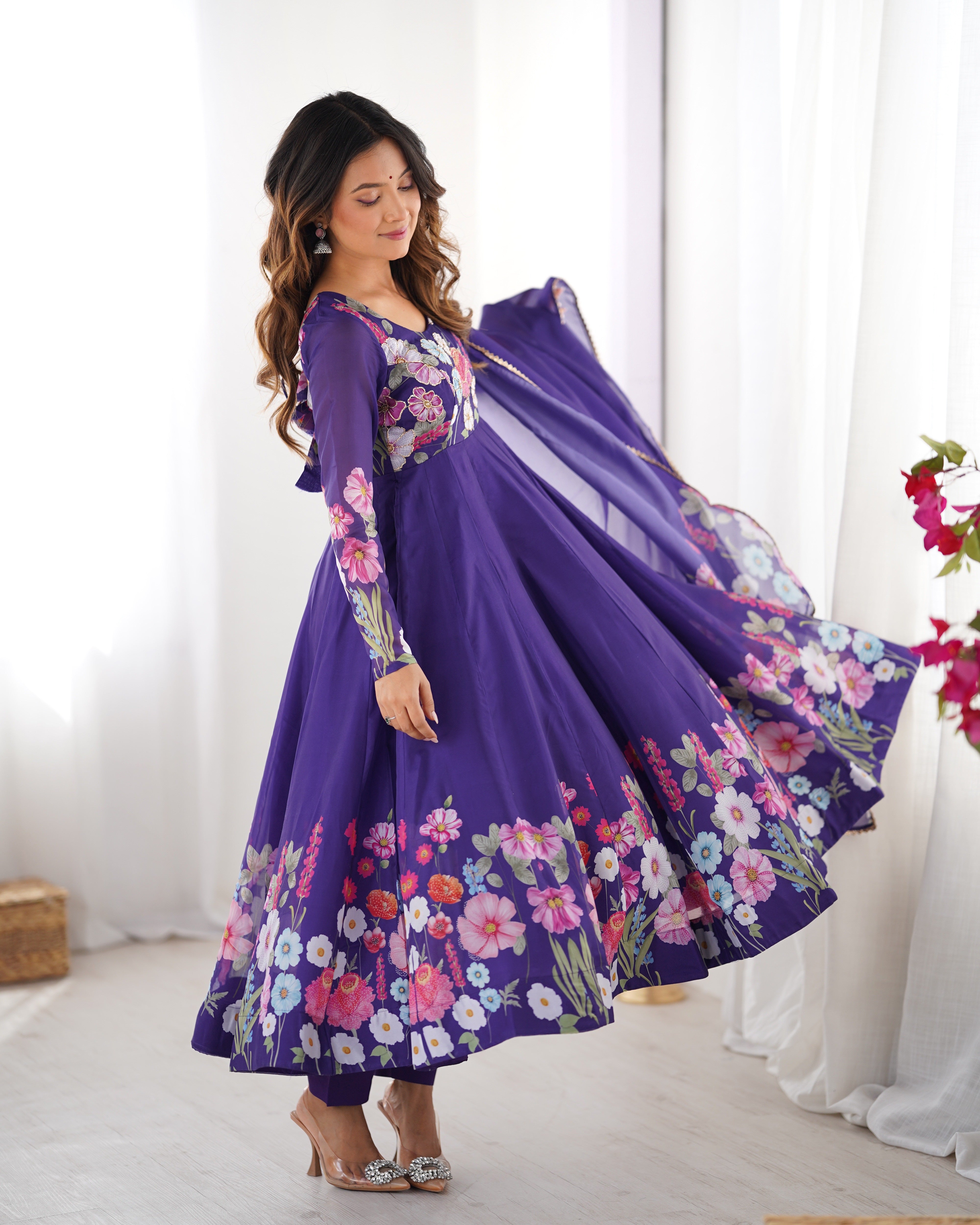 Blue Color Organza Silk Kurta  with Handwork Anarkali Suit