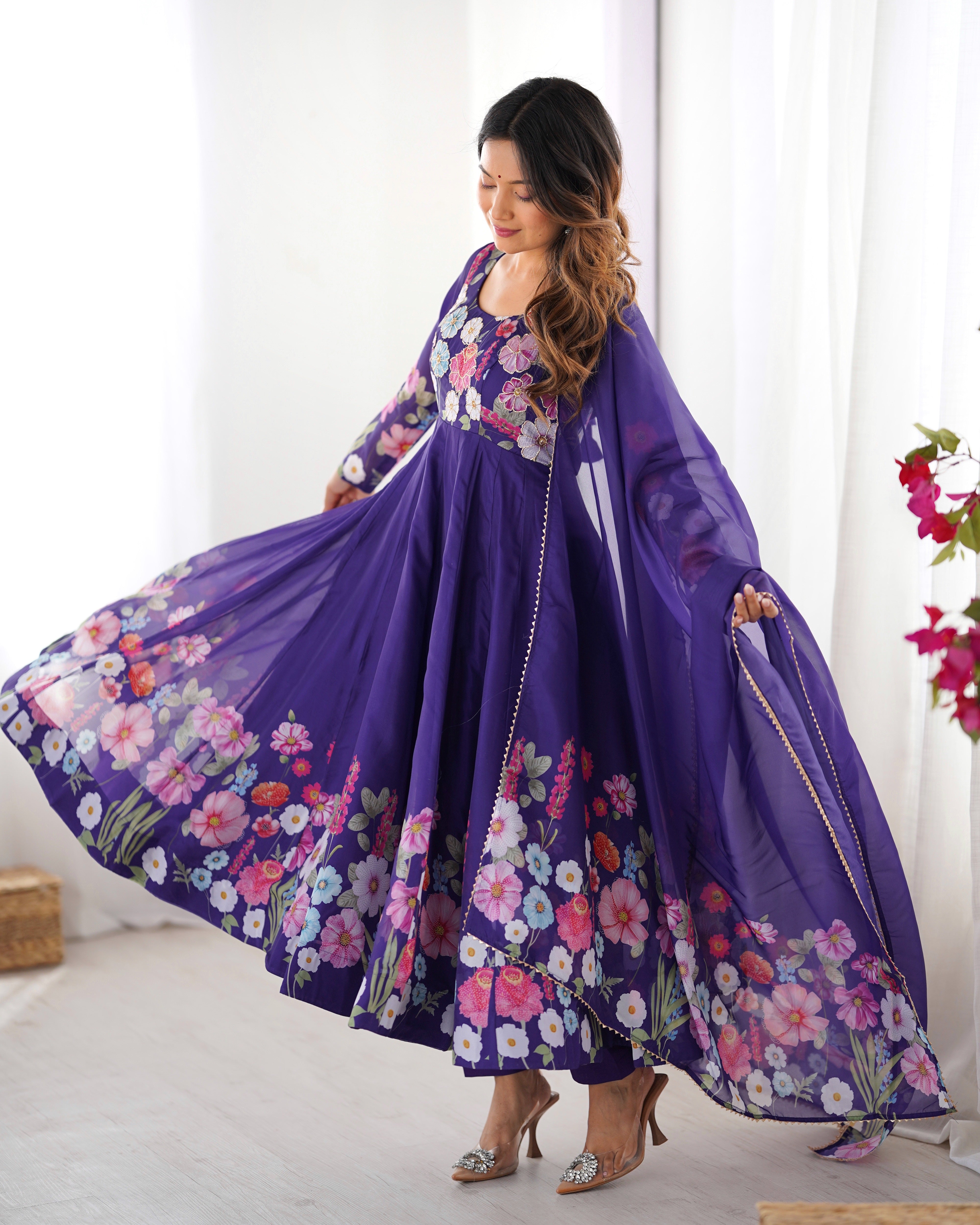 Blue Color Organza Silk Kurta  with Handwork Anarkali Suit
