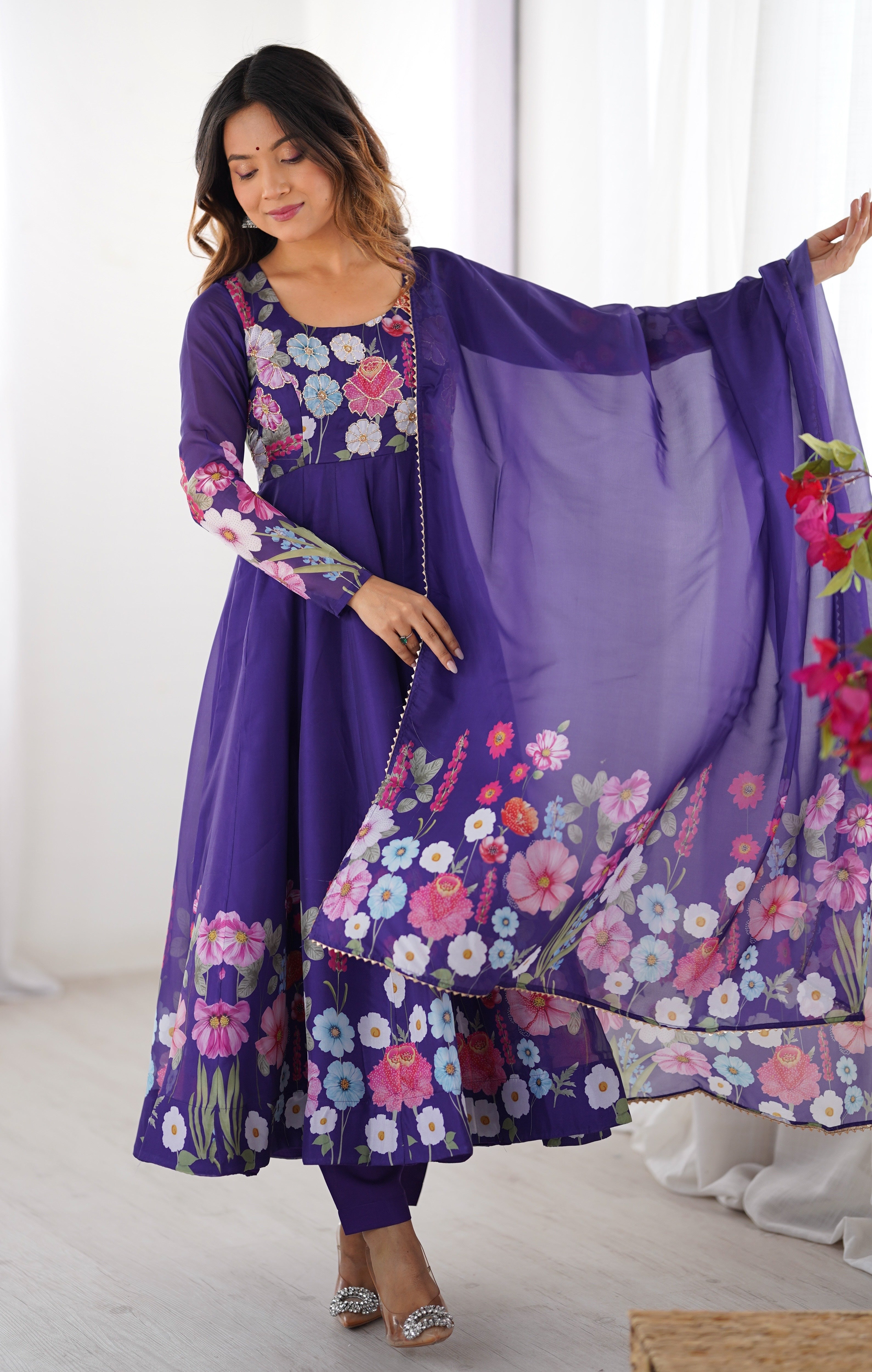 Blue Color Organza Silk Kurta  with Handwork Anarkali Suit