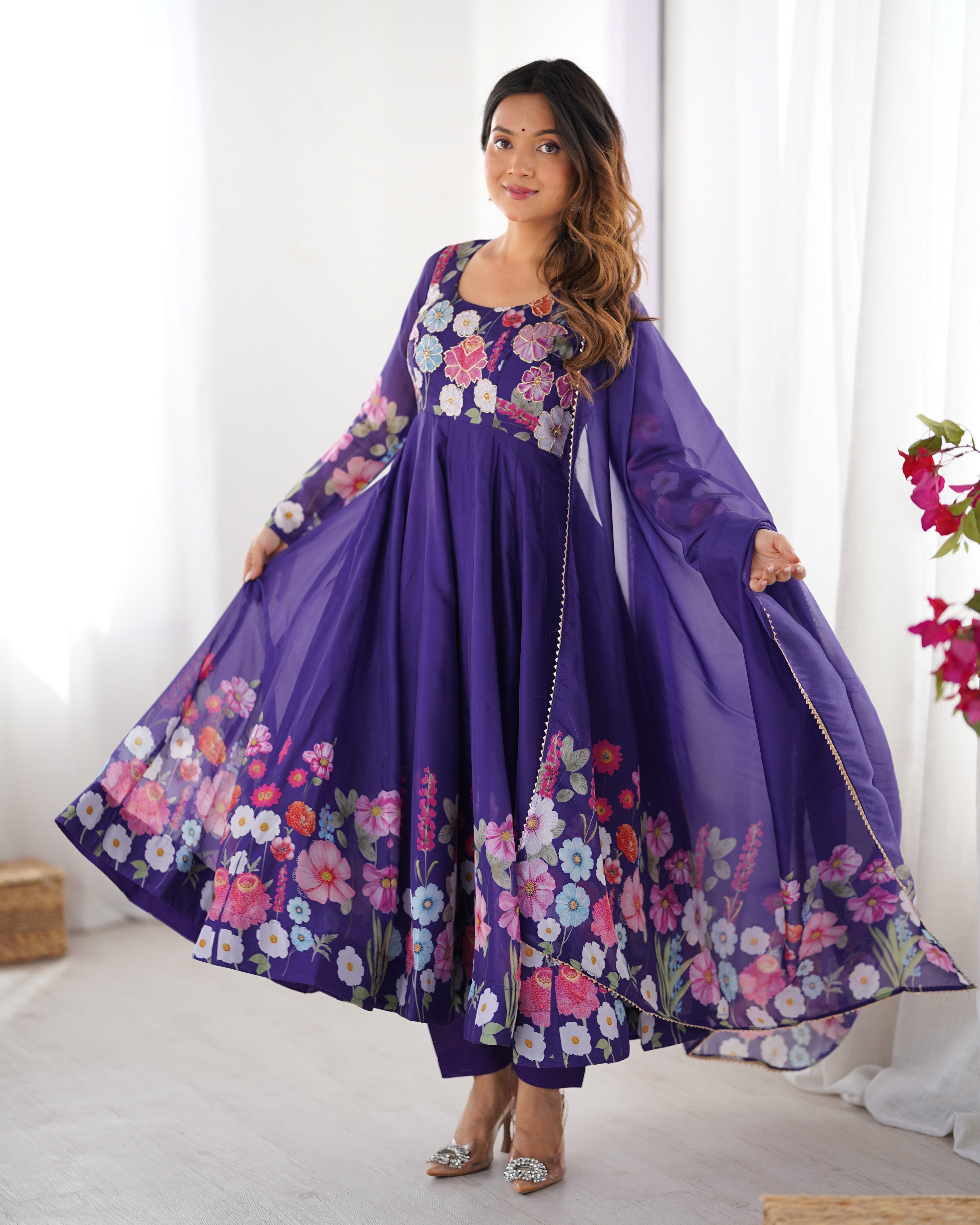 Blue Color Organza Silk Kurta  with Handwork Anarkali Suit