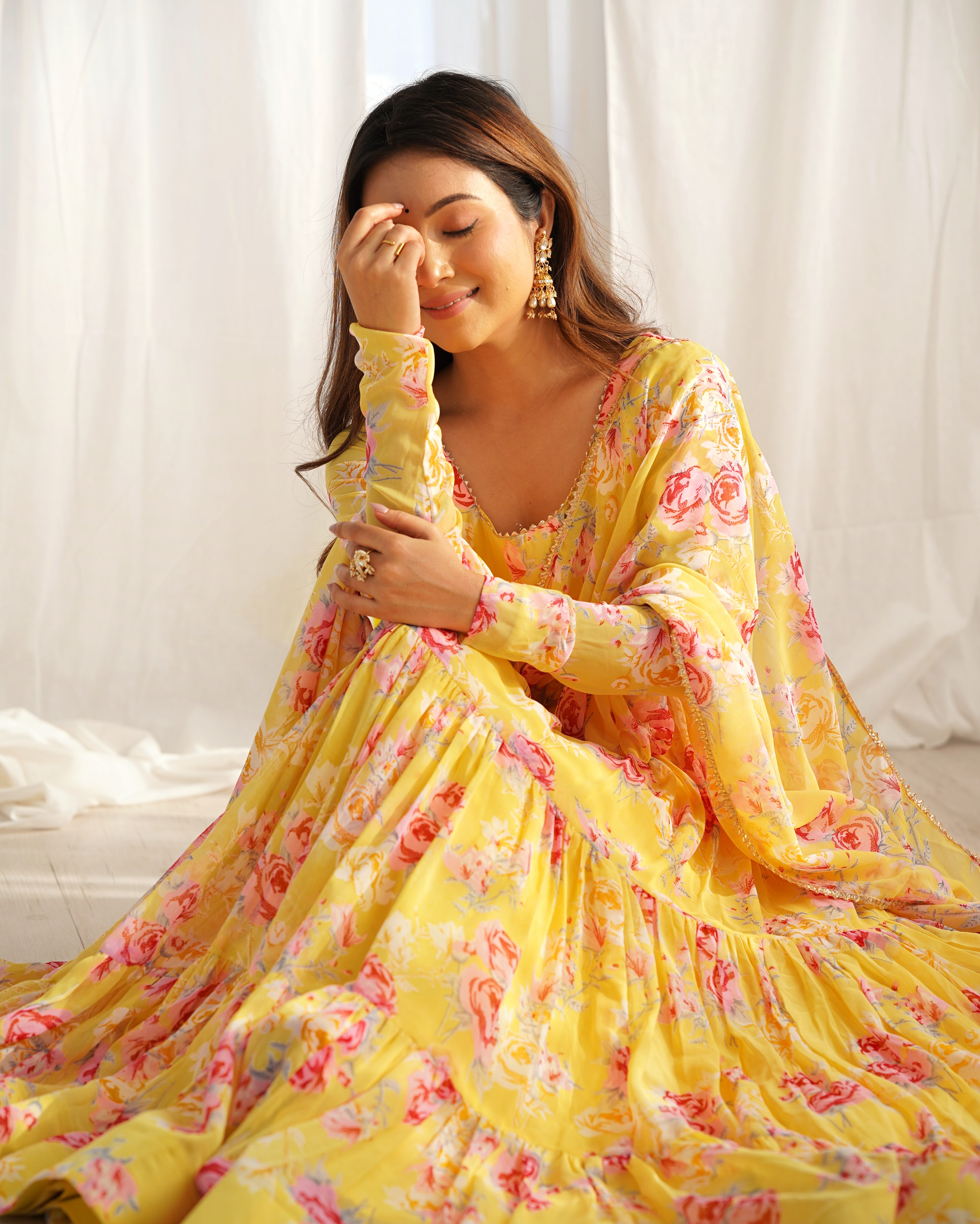 New Designer Partywear Yellow Printed Anarkali Suit With Pant