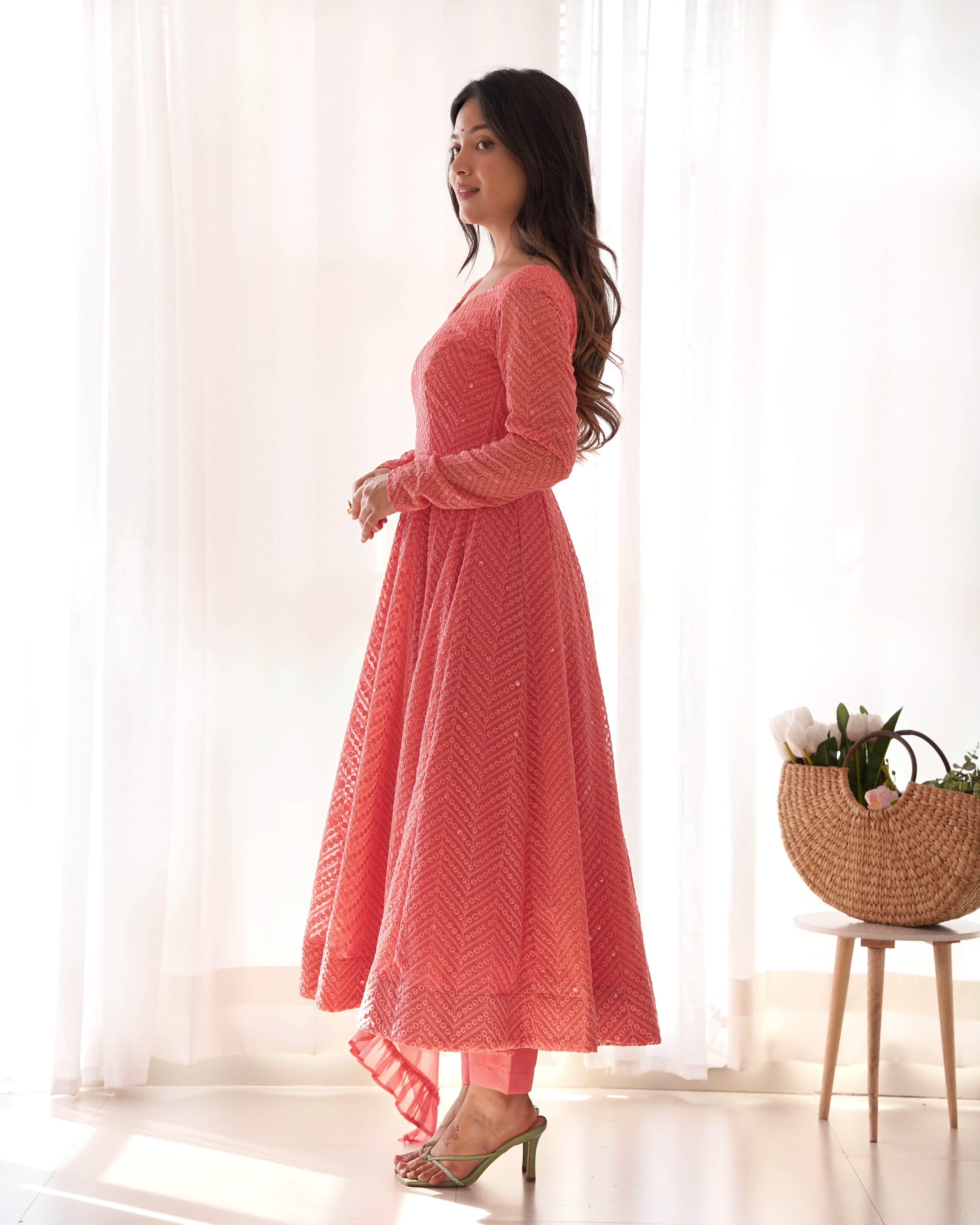 New Arrival Designer Georgette Lucknowi Sequence Work Anarkali Set