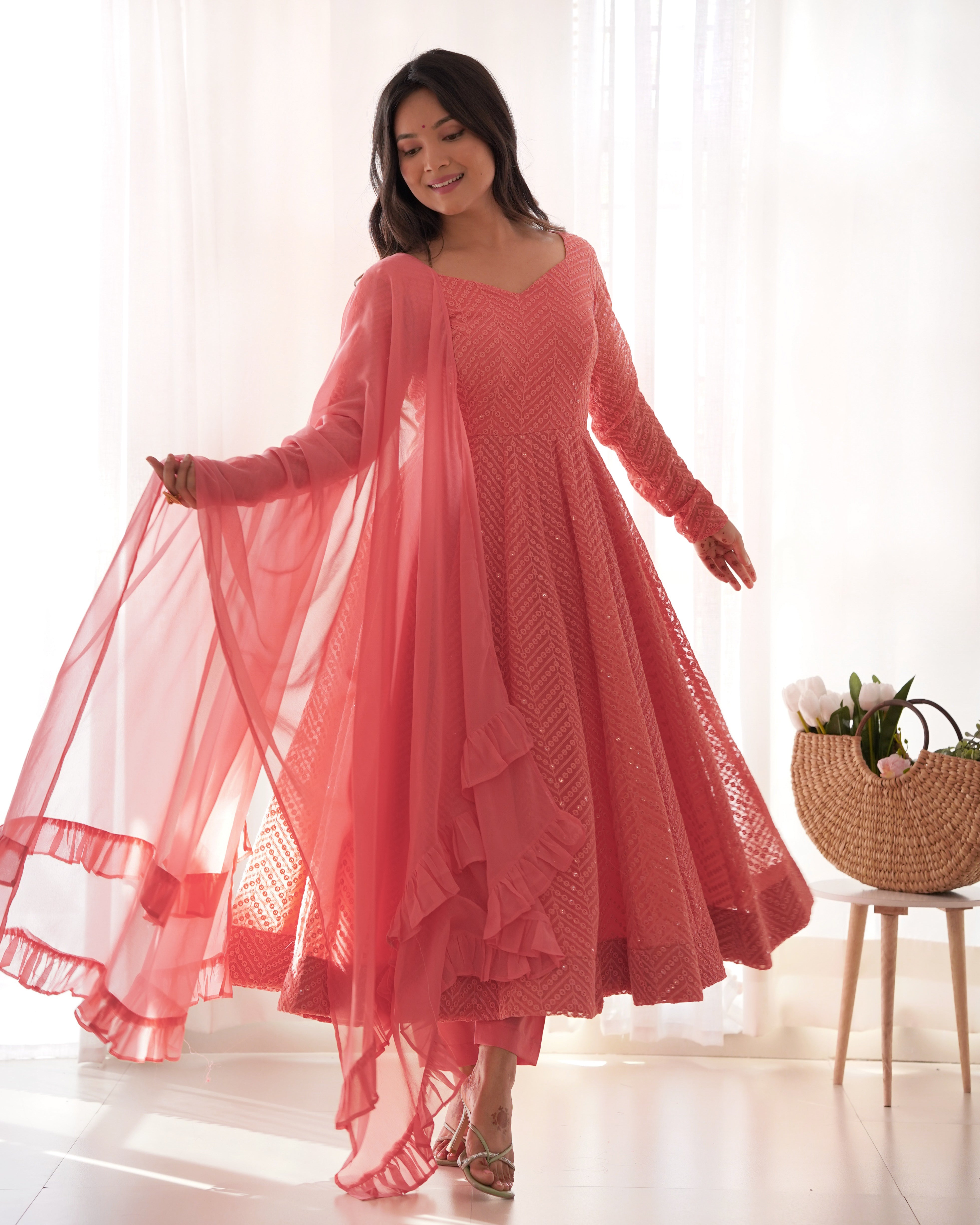 New Arrival Designer Georgette Lucknowi Sequence Work Anarkali Set