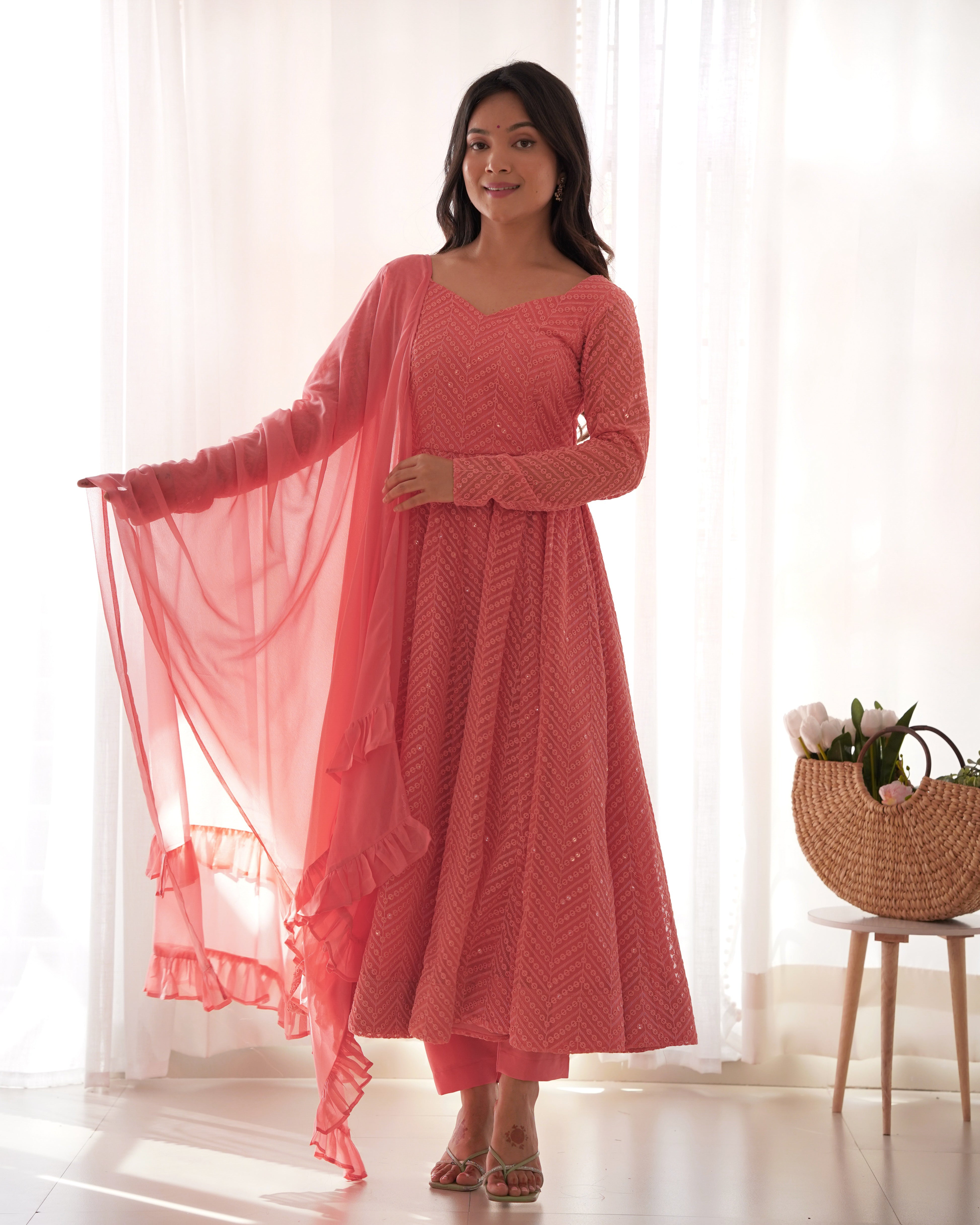 New Arrival Designer Georgette Lucknowi Sequence Work Anarkali Set