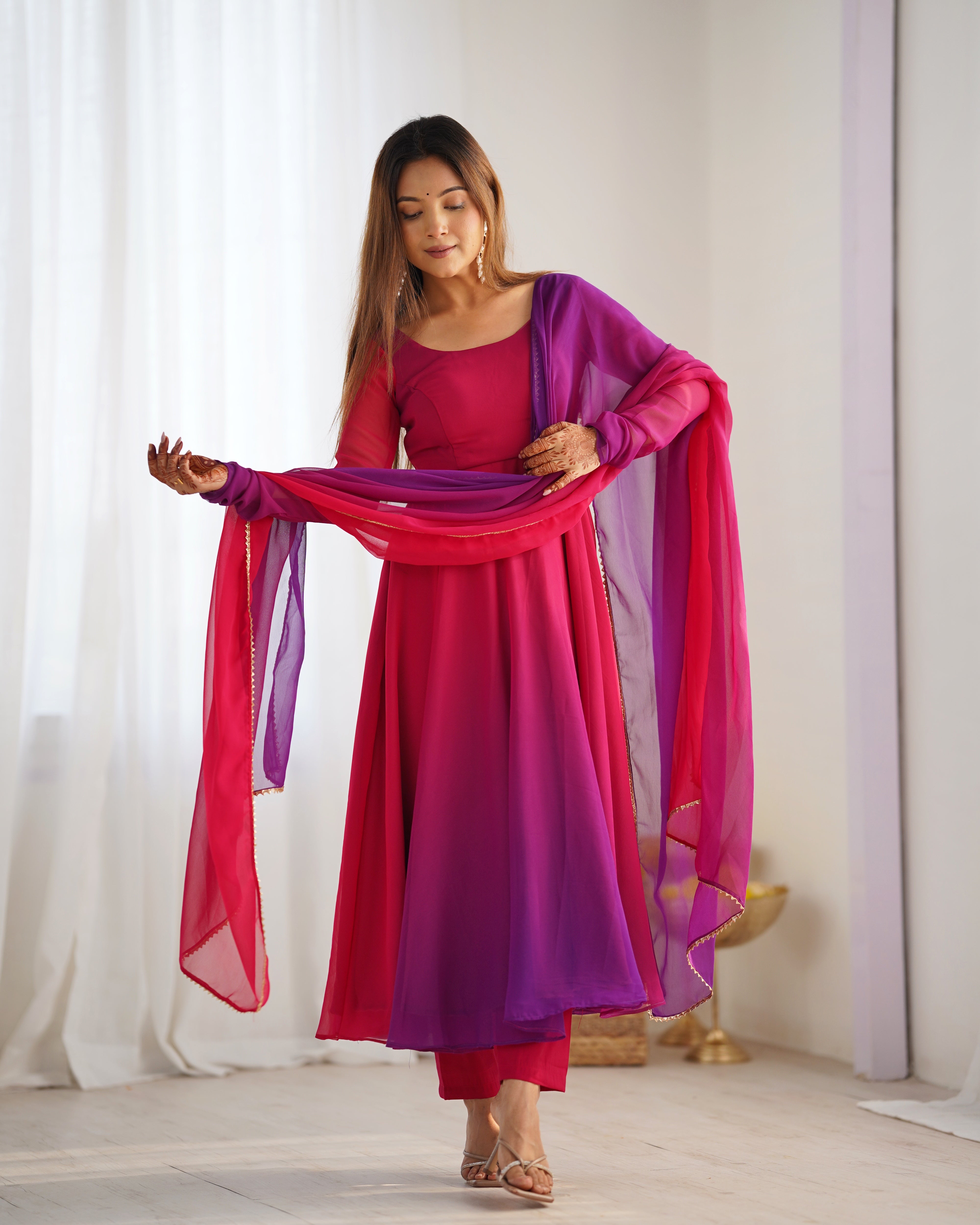 Blushing Beauty in Ethnic Style Red Purple Soft Fox Georgette Anarkali Suit