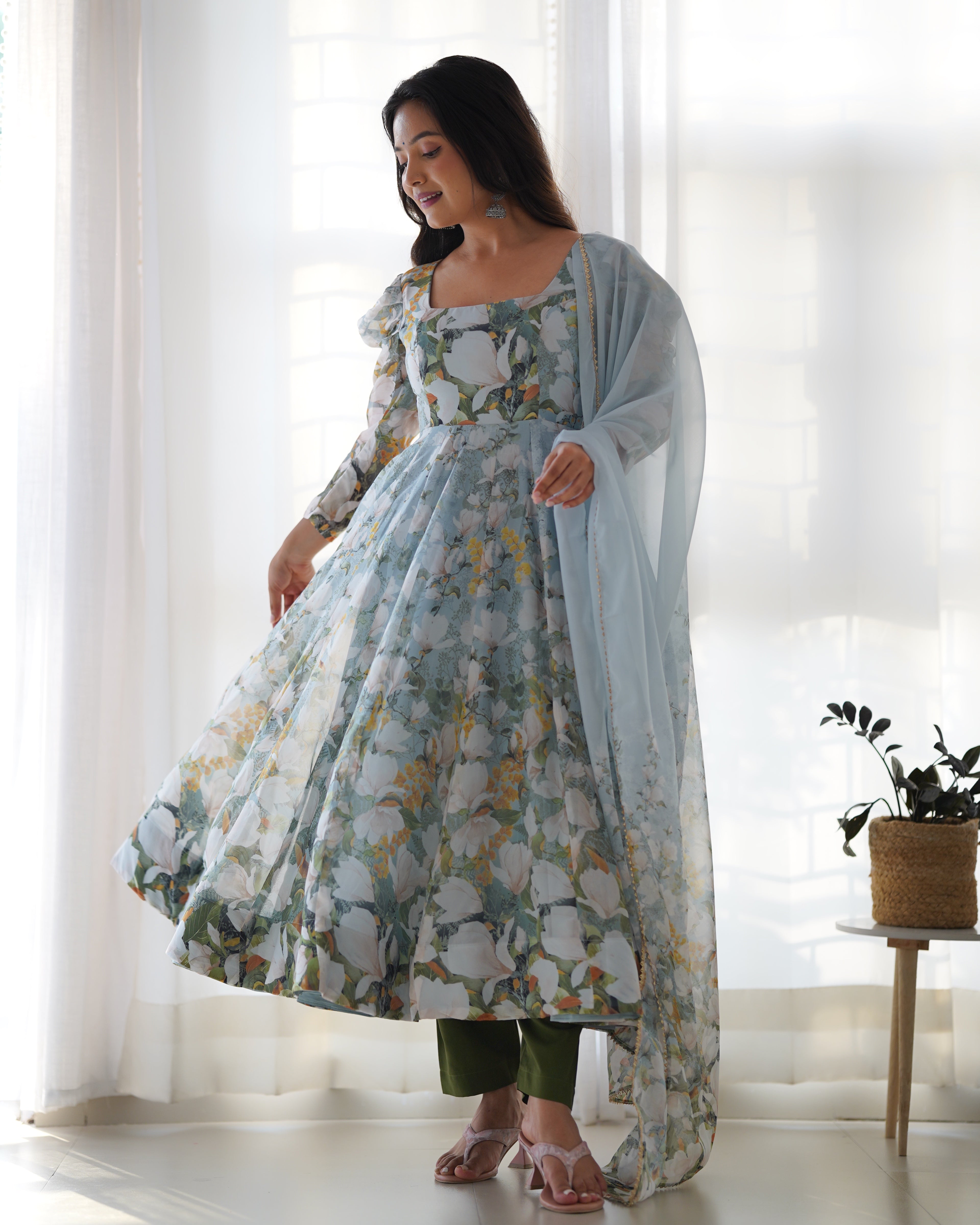 New Designer Floral Organza Silk Anarkali Set with Gota Patti Dupatta