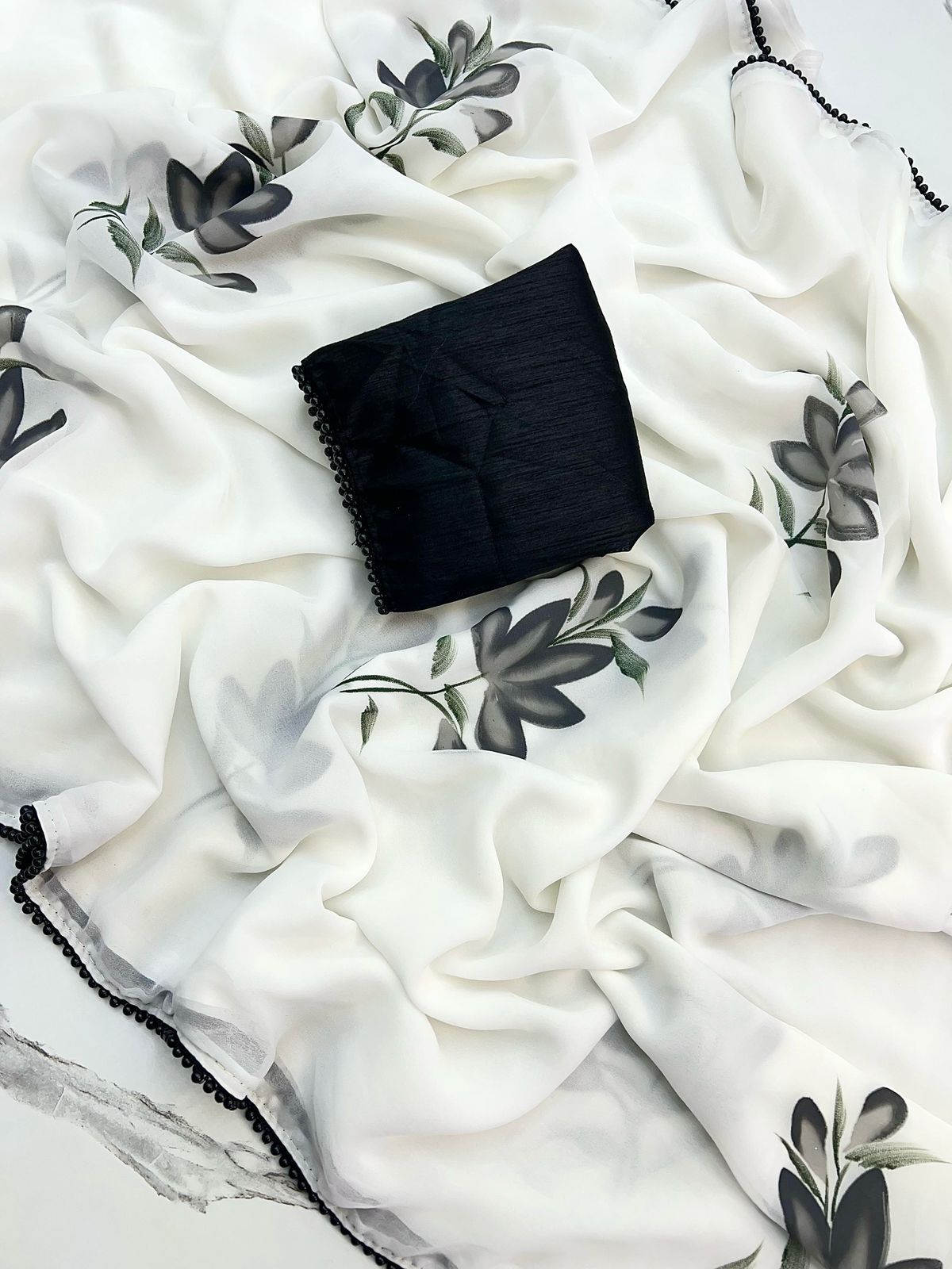 Black Pearl – Georgette Saree with Pearl Lace Border & Contrast Blouse