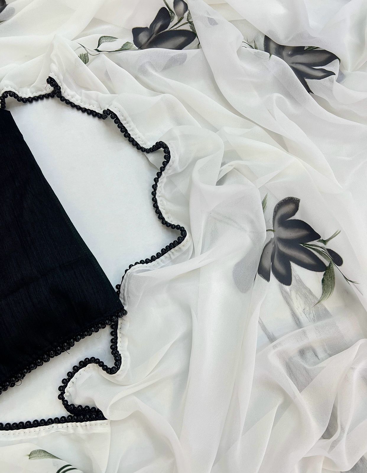 Black Pearl – Georgette Saree with Pearl Lace Border & Contrast Blouse