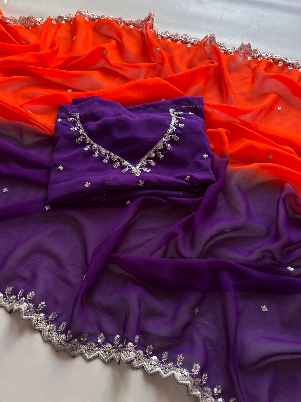 New Partywear Georgette pedding saree with embroidery & sequence work with cutwork Blouse - Running blouse with work