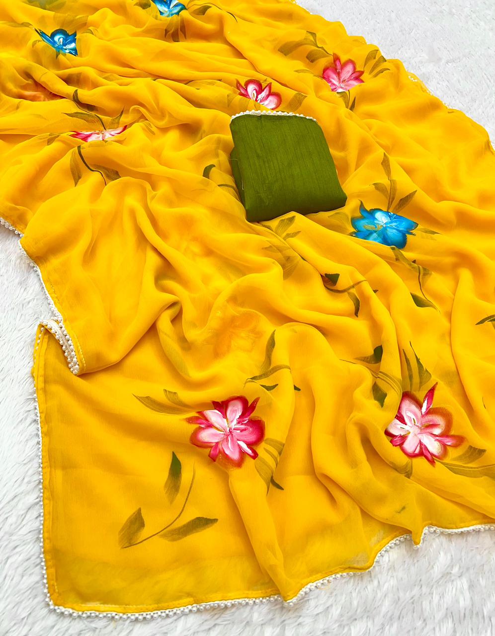 New Partywear Soft Chiffon Fabric With Beautiful Floral Handbrush Print With Golden Foil Touchup With White Pearl Lace And Contrast Art Silk Blouse