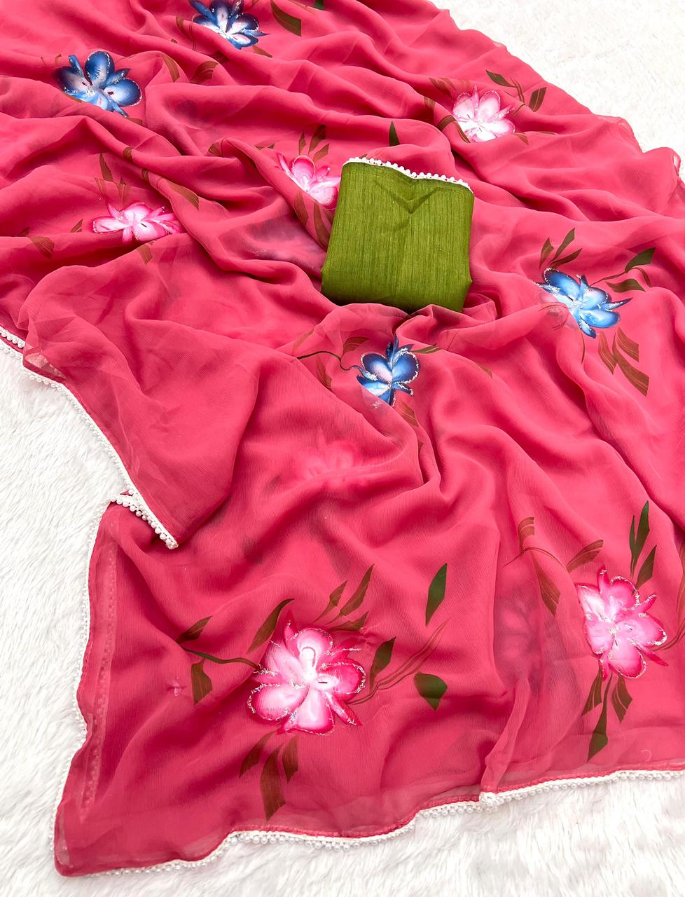 New Partywear Soft Chiffon Fabric With Beautiful Floral Handbrush Print With Golden Foil Touchup With White Pearl Lace And Contrast Art Silk Blouse