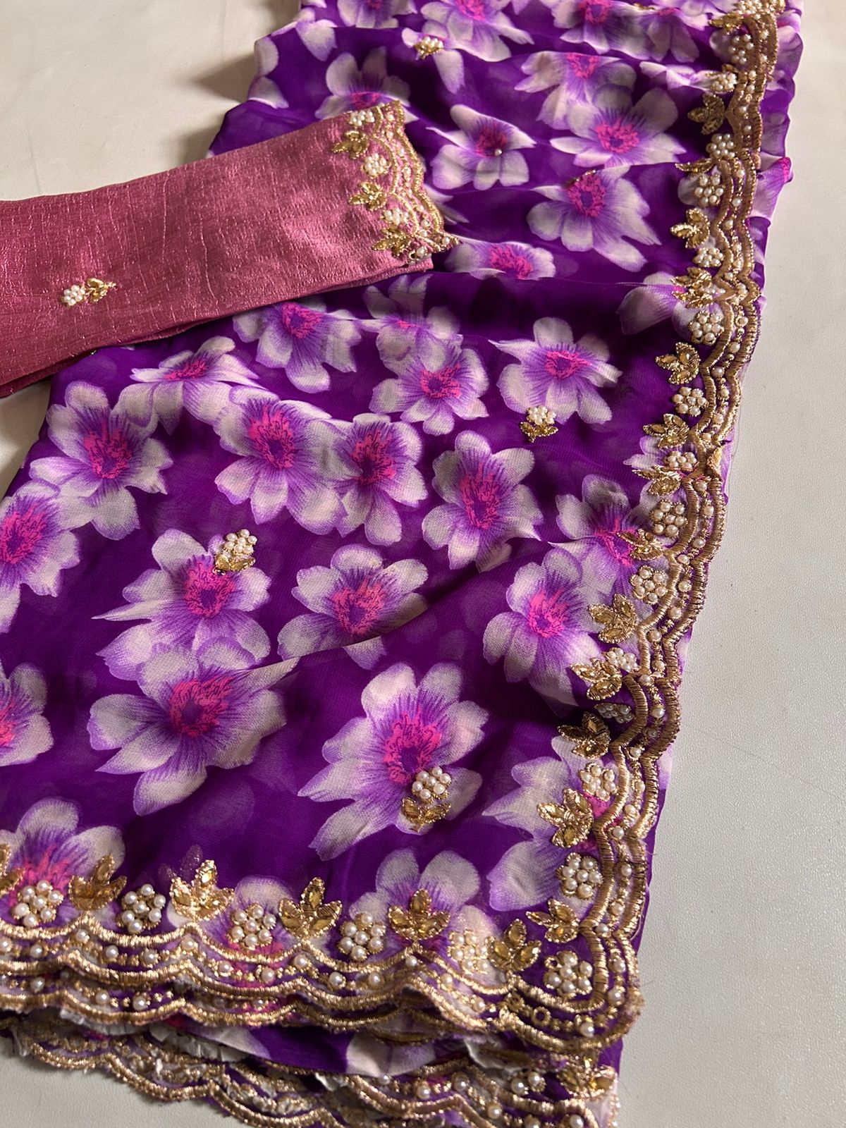 New Partywear Georgette saree with beautiful print with embroidery and work sequence butty scalloped Lace border