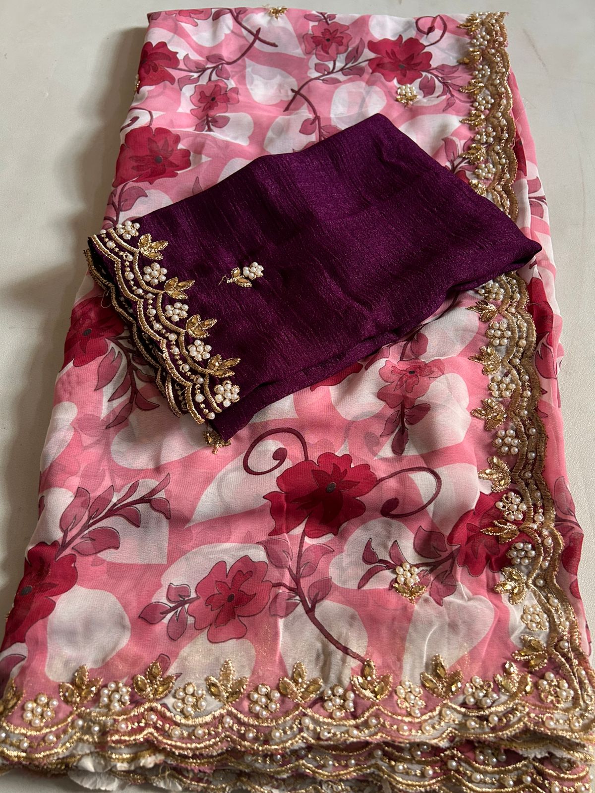 New Partywear Georgette saree with beautiful print with embroidery and work sequence butty scalloped Lace border